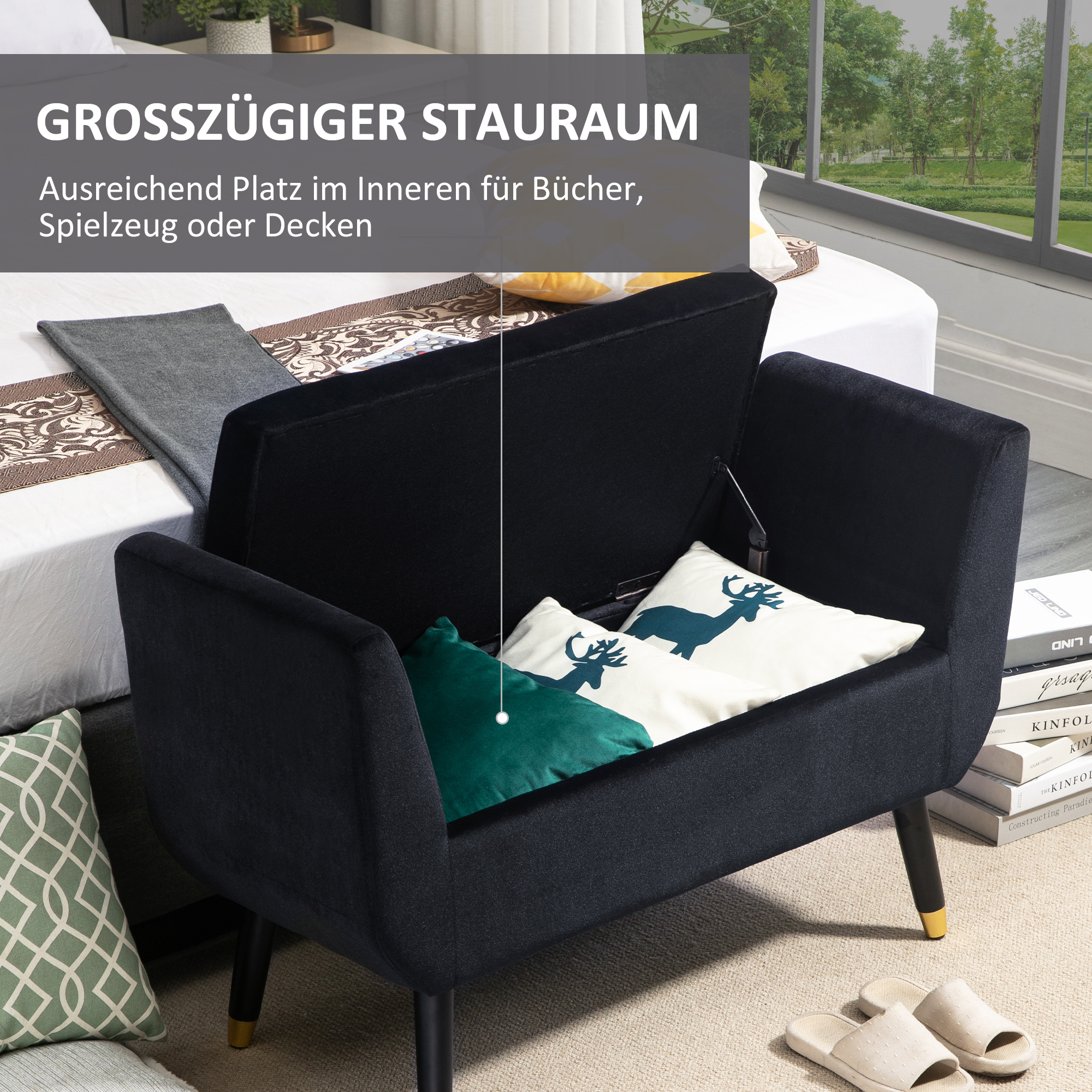 luxe bank gestoffeerde bank met opbergruimte armleuningen bank fluweelzacht polyester rubber hout zwart 107 x 42 x 65 cm