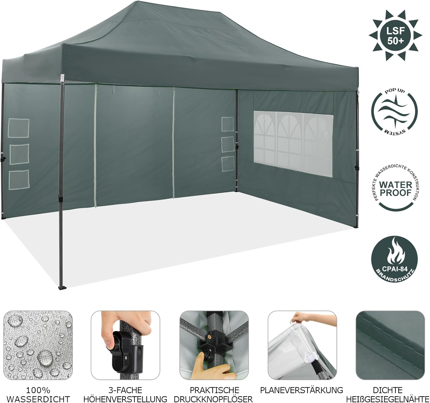 COBIZI Faltpavillon 3x4,5 Wasserdicht Stabil Winterfest mit Seitenwand,Pop Up Pavillon Partyzelt,Sonnenschutz Gartenpavillon,Pavillon Faltbar mit Handtasche(3 mal 4,5m Grau)