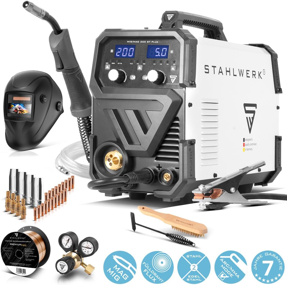 STAHLWERK Schweißgerät MIG/MAG 200 ST – Vollausstattung – IGBT Inverter mit 200 A, Schutzgasgerät mit synergischem Drahtvorschub, FLUX/Fülldraht geeignet, Lift-TIG und MMA/E-Hand (ARC) funktionsfähig