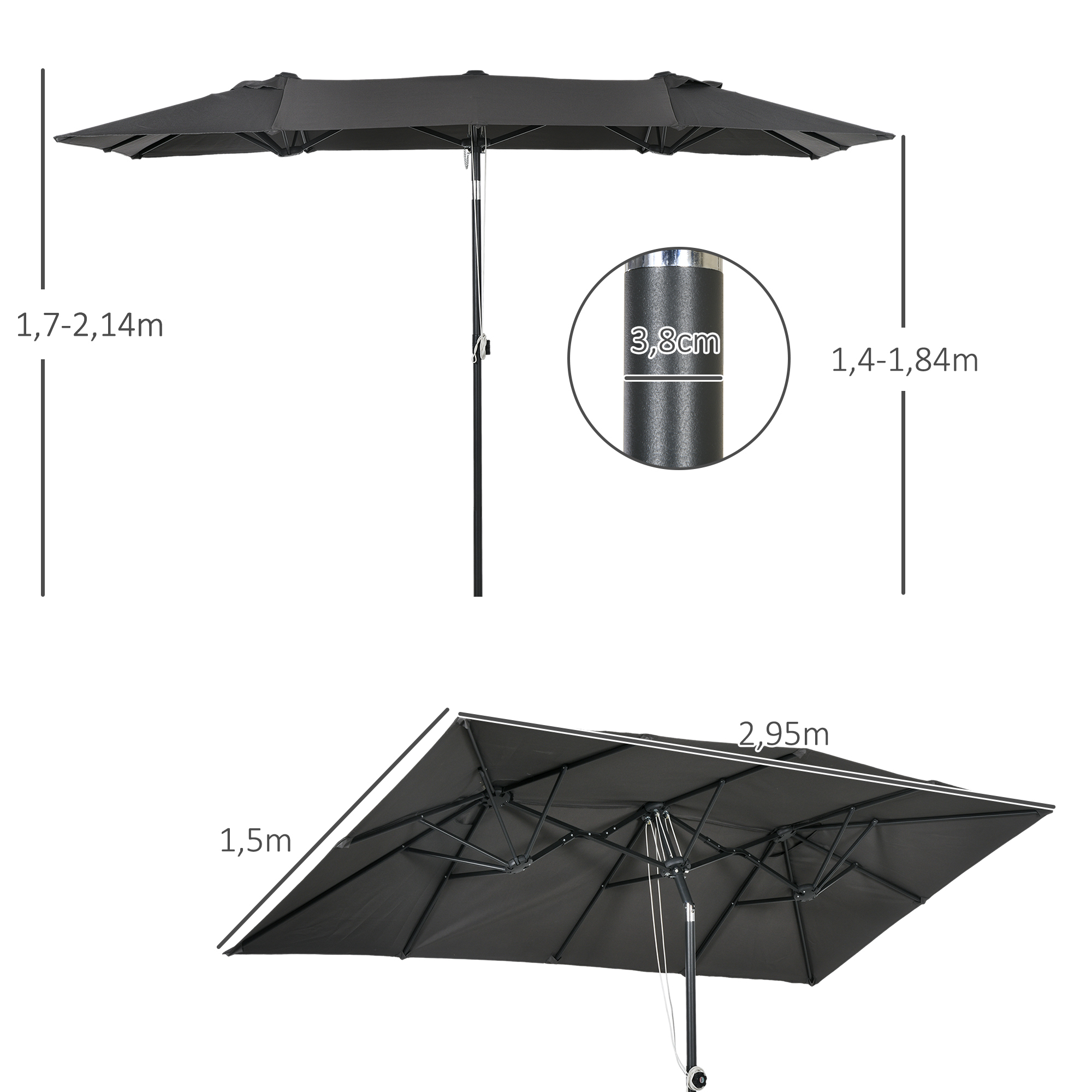 Grote parasol, verstelbaar in hoogte en kantelbaar, 150x295x170-214 cm, Grijs