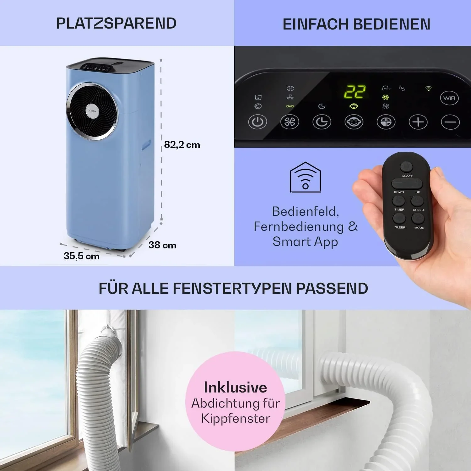 Klarstein Mobile Klimaanlage mit Abluftschlauch, 5-in-1 Klimager?t, Ventilator, Luftentfeuchter, Luftreiniger & Nachtmodus, App-Steuerung, Kleine & Portable, f��r Wohnung & B��ro, 12000 BTU