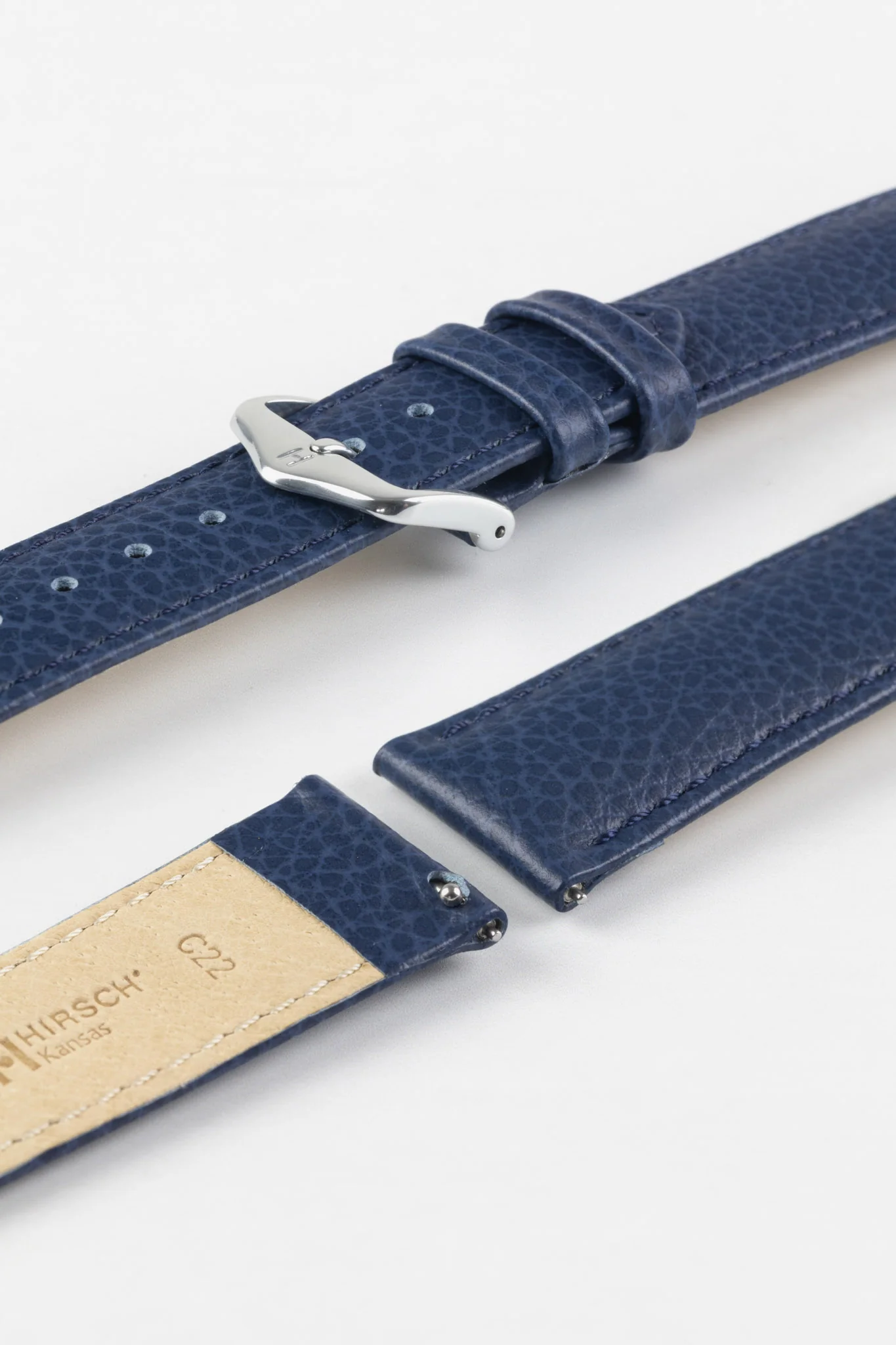 Hirsch KANSAS Buffalo Embossed Calf Leather Watch Strap in BLUE with Blue Stitch