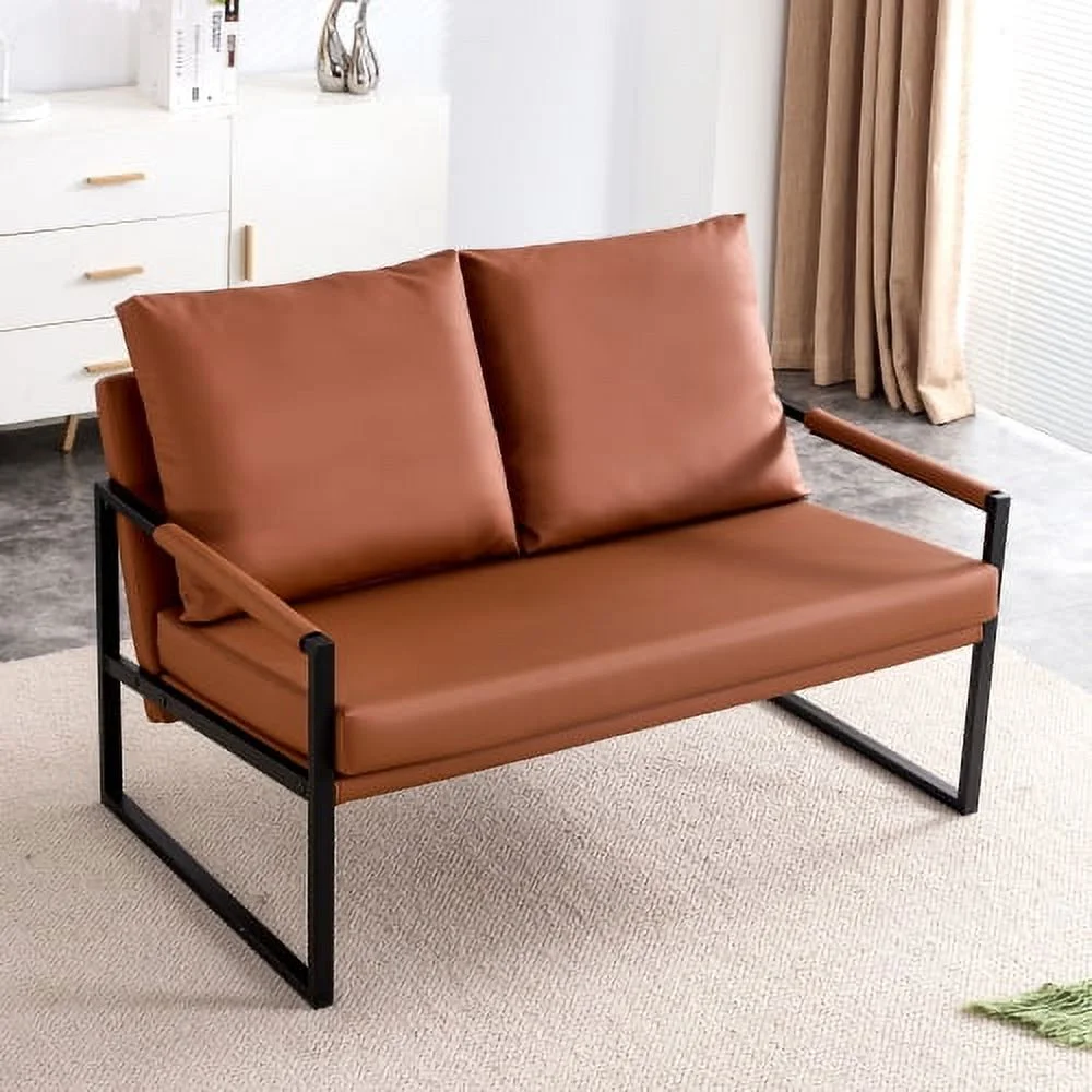 Moderne 2-zitsbank met 2 kussens �C PU-leer, Hoge Dichtheid Schuim, Zwarte Gecoate Metalen Frame, Bruin