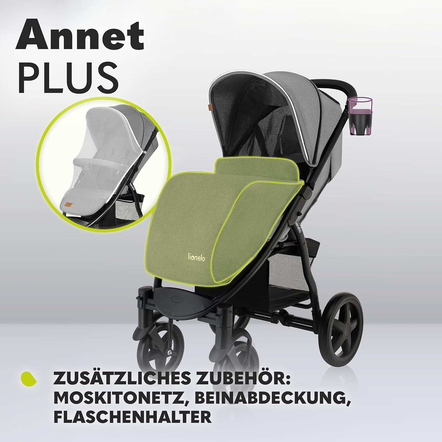LIONELO Annet Plus Buggy bis 22 kg mit Liegefunktion, Kinderwagen klein zusammenklappbar mit Zubehör, Eva-Schaum-Räder, Moskitonetz, Fußdecke Getränkehalter, Korb