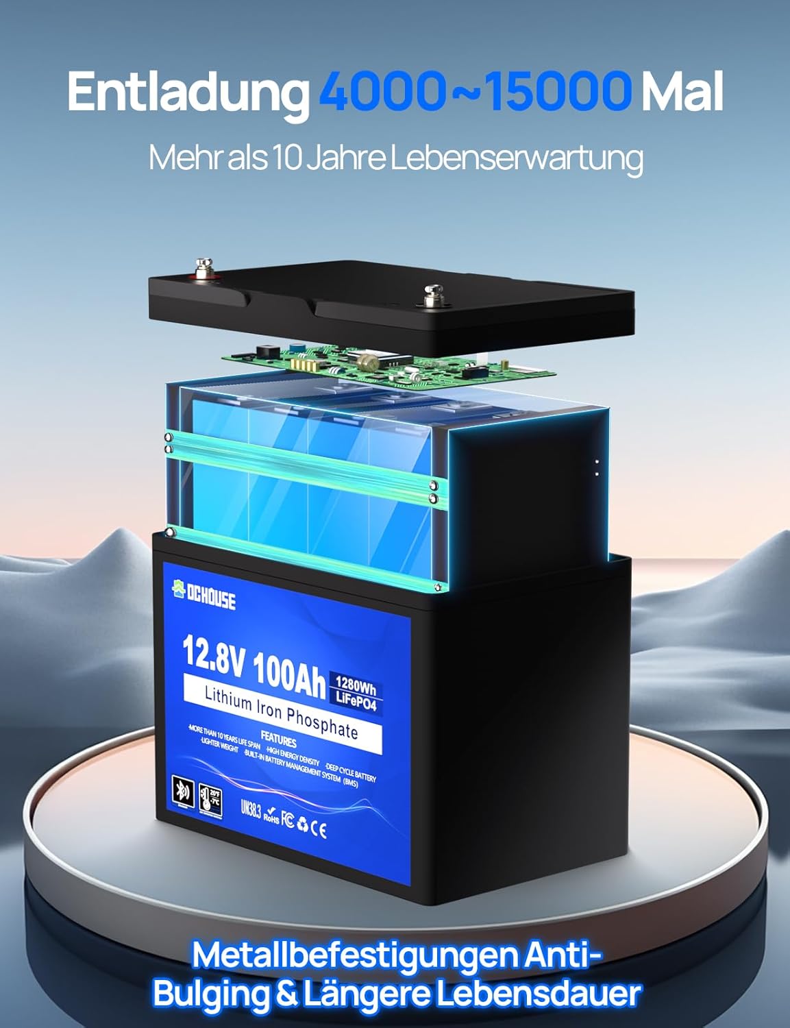 DCHOUSE 12V 100AH LiFePO4 Bluetooth Lithium Batterie,mit 10A Batterie Ladegeräte,100A BMS Niedertemperaturschutz,1280Wh Autobatterie für Trolling-Motor,Wohnmobil,Wohnwagen,Solaranlage