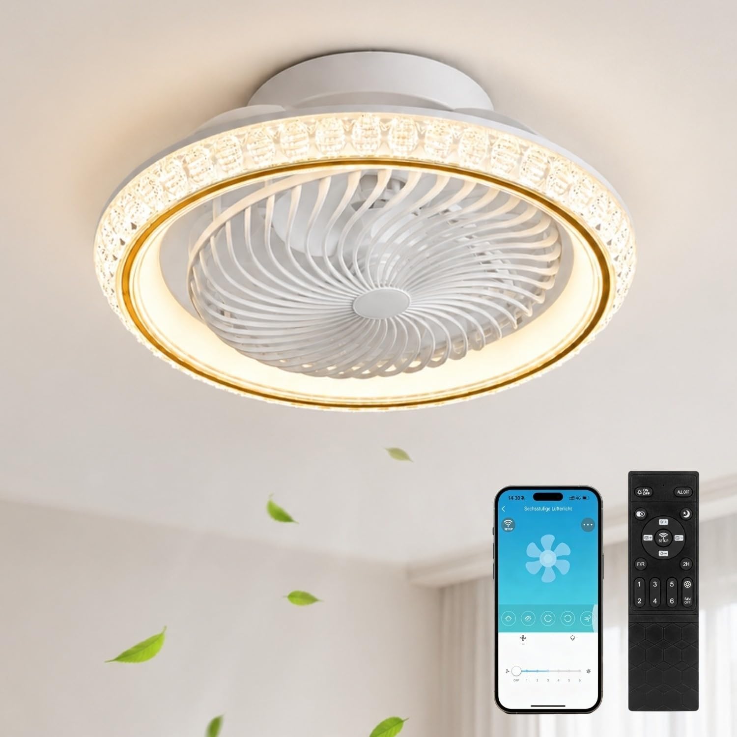 360° Drehbar Deckenventilator mit Beleuchtung 72W, Deckenventilator mit Licht Leise, Dimmbar mit Timer, Fernbedienung und App, Lampe mit Ventilator für Schlafzimmer und Wohnzimmer, Gold