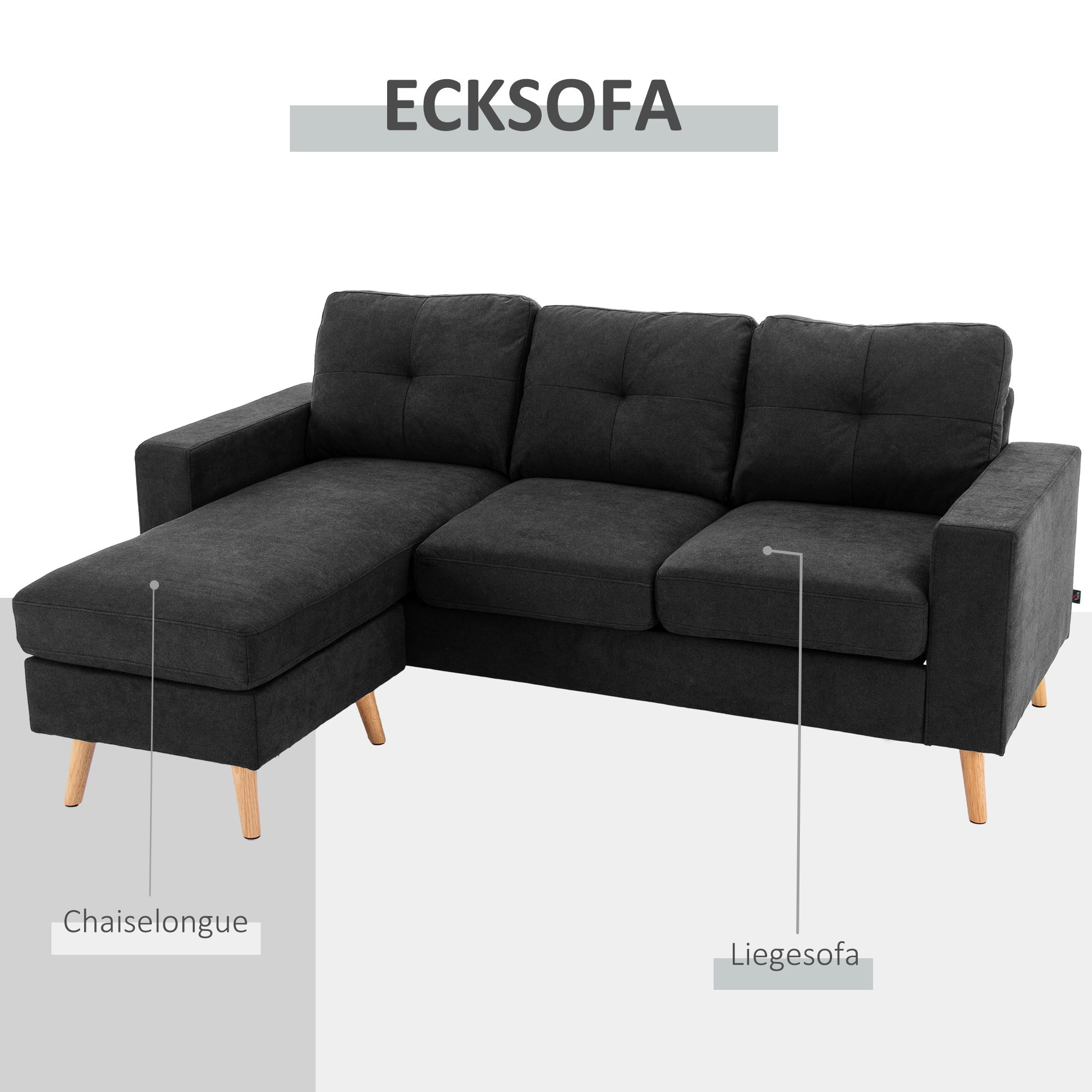 3-zits hoekbank, linnenlook, omkeerbare chaise longue, 193x136x85 cm, zwart