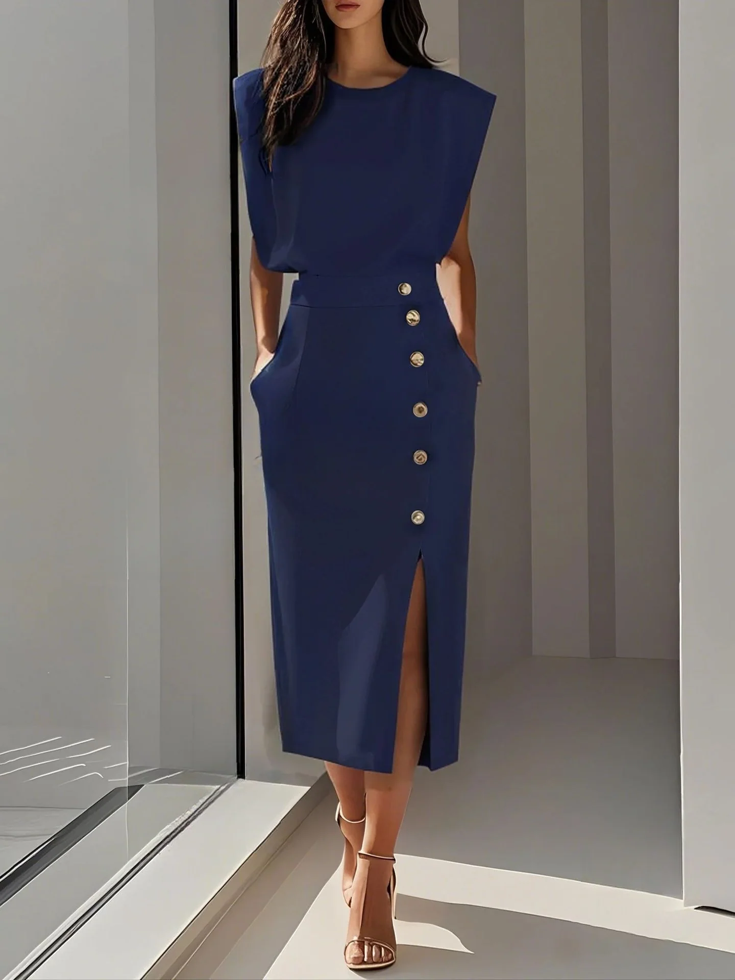 Elegantes Midi-Kleid mit Rundhalsausschnitt und Schlitz