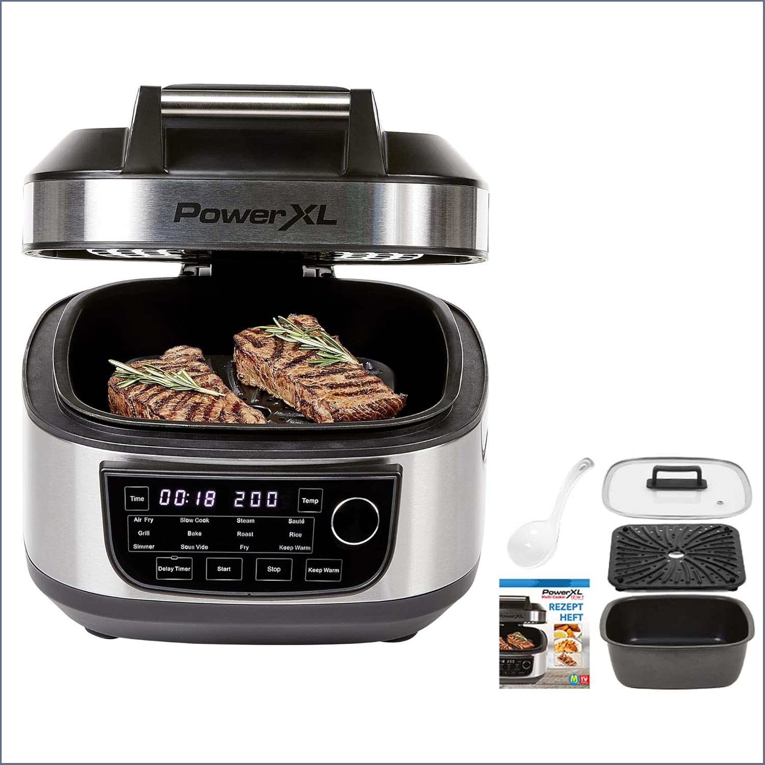 PowerXL MultiCooker - 12 in 1 Multikocher mit Warmhaltefunktion - Heißluftfritteuse, Backofen, Bratpfanne, Reiskocher uvm. - 5,7 Liter Fassungsvermögen - 12 Kochprogramme - Airfryer - Kaloriensparend
