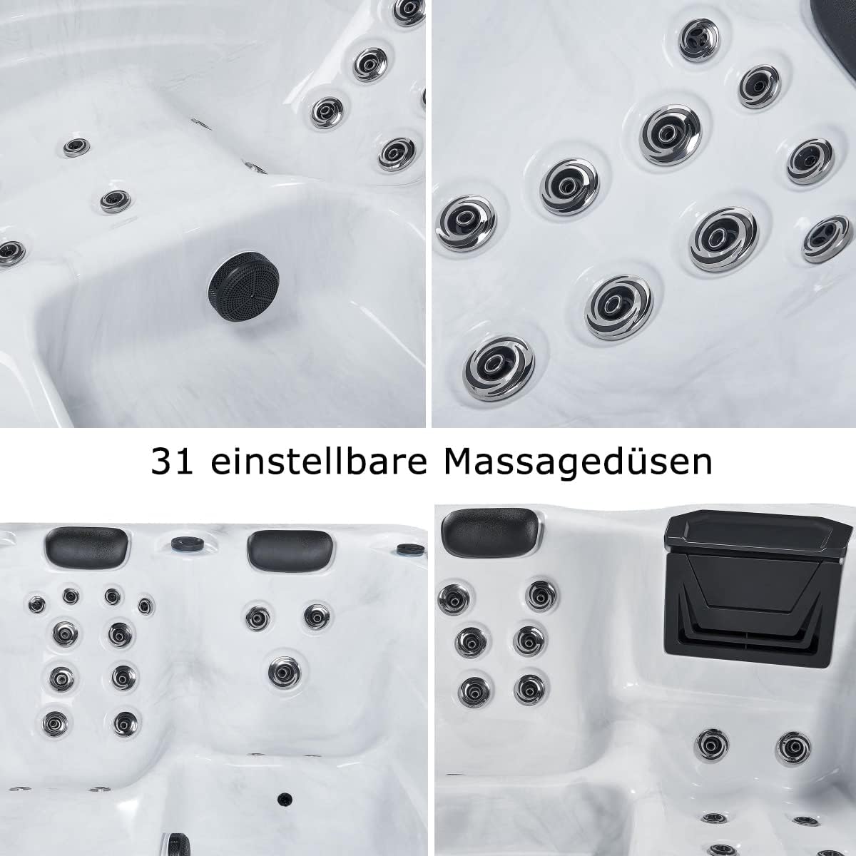 Luxus Outdoor Whirlpool Berlin (Weiß) – 210x160 cm – mit 31 Massagedüsen, Heizung, Ozon, LED – Hot Tub für 2–3 Personen – Winterfest – Garten & Terrasse
