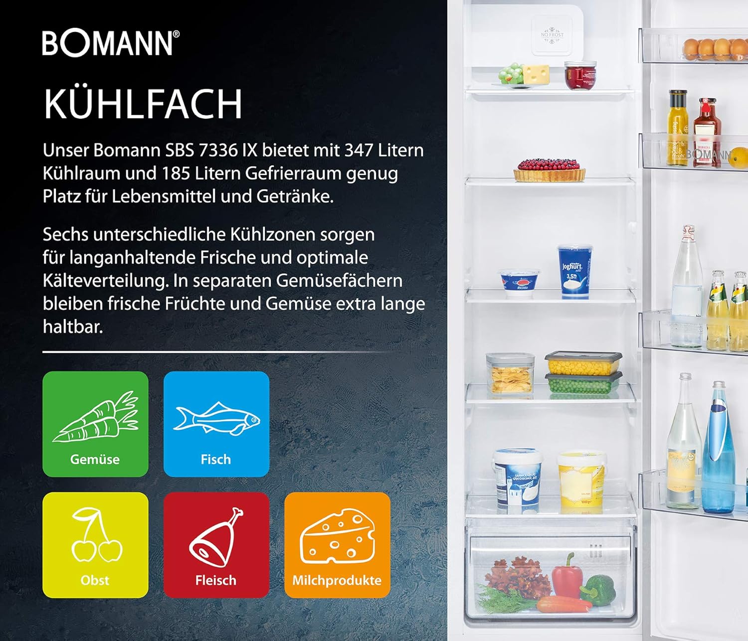 Bomann® French Door Kühlschrank No Frost | Kühl-Gefrier-Kombinationen mit Total No Frost | Kühlschrank mit Gefrierfach 400L | Side by Side Kühlschrank mit MultiAirflow-System | KG 7354 Edelstahl