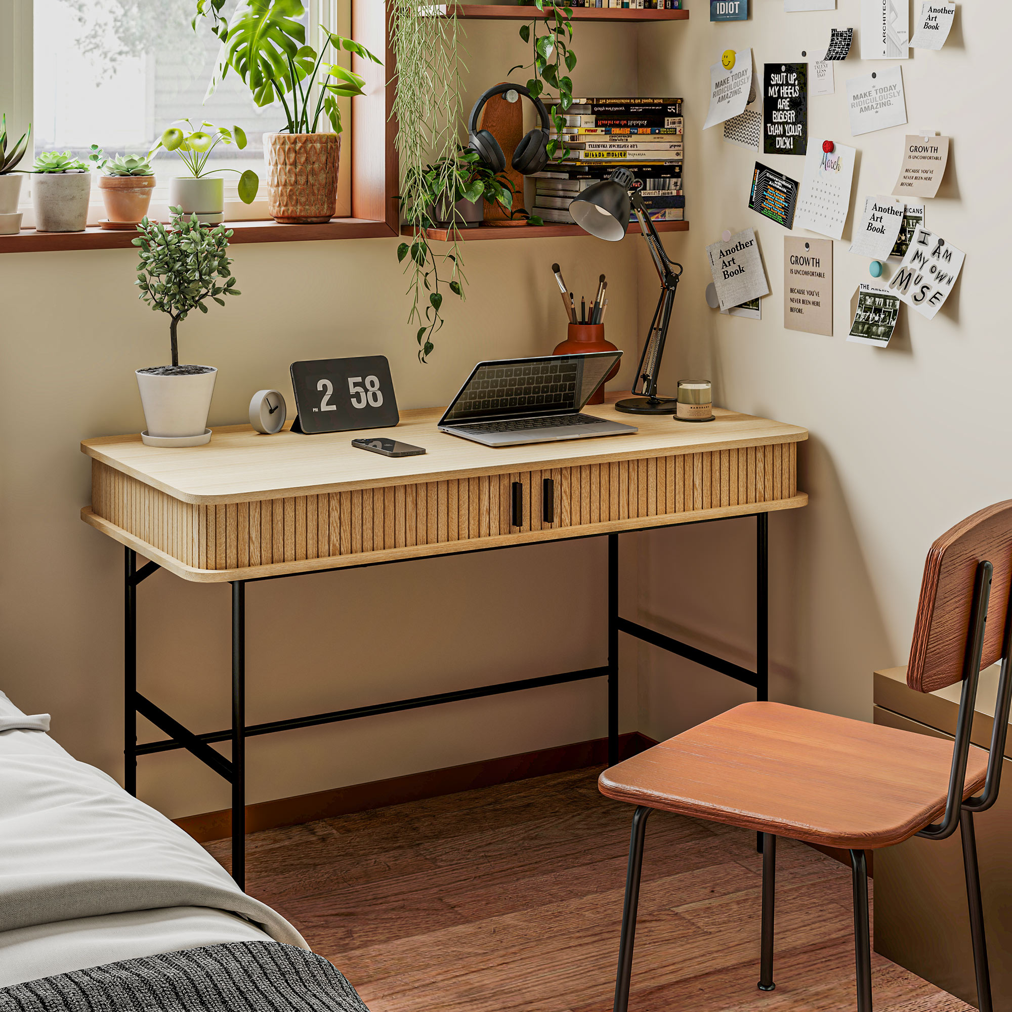 Bureau, Retrostijl, Lamellendecor, Opbergvakken, Stalen Poten, 120 x 60 x 76,5 cm, Eik/Zwart