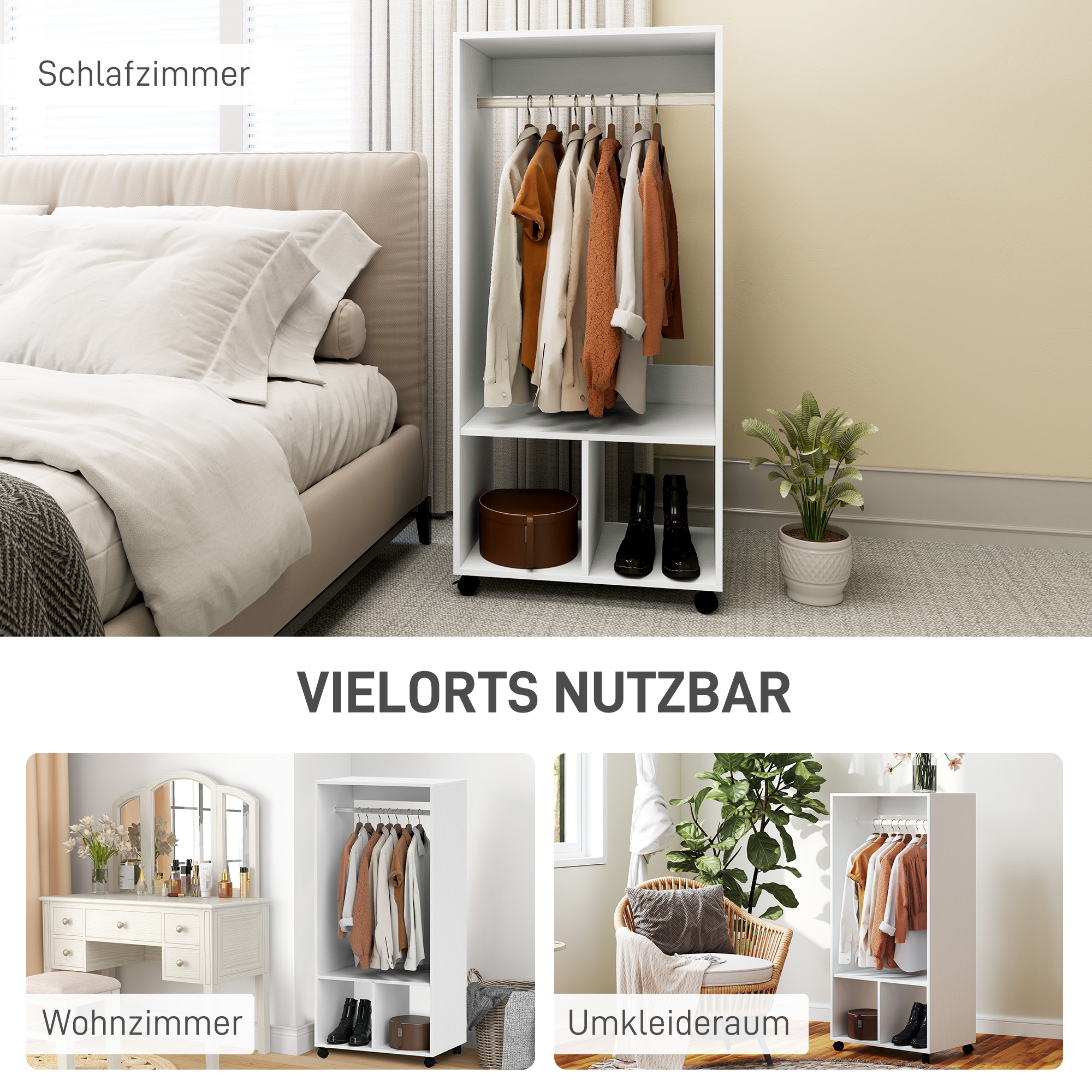 Kledingkast op Wielen,60 cm x 40 cm x 127 cm, 1 Kledingroede, 2 Planken, Wit