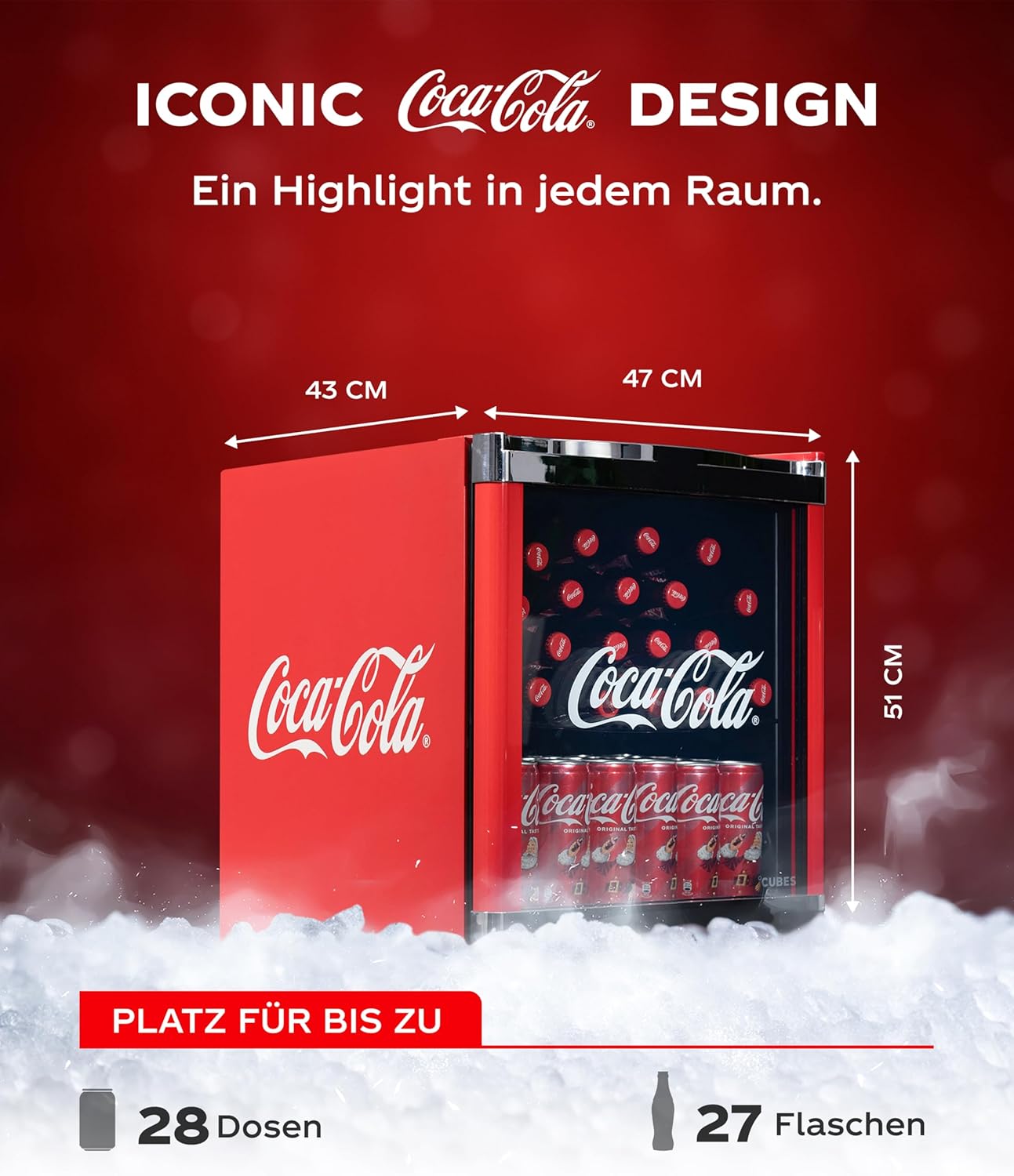 °CUBES Original Coca-Cola Mini Kühlschrank Rot 48L - Getränkekühlschrank mit Glastür, leise  und  energieeffizient - Für Büro, Partys  und  Gaming - Cooler Flaschenkühlschrank - Mini Kühlschrank für Getränke