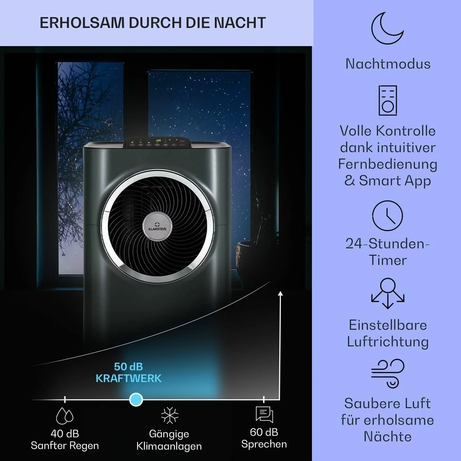 Klarstein Mobile Klimaanlage mit Abluftschlauch, 5-in-1 Klimager?t, Ventilator, Luftentfeuchter, Luftreiniger & Nachtmodus, App-Steuerung, Kleine & Portable, f��r Wohnung & B��ro, 12000 BTU