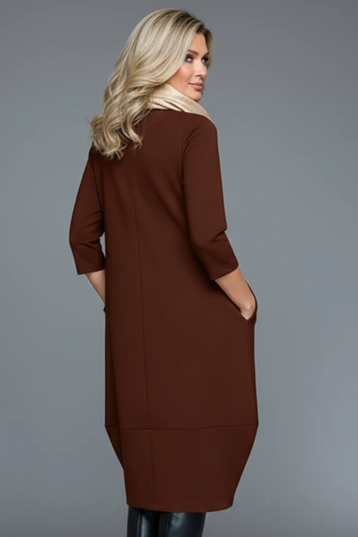 Midikleid Damen mit Taschen | A-Linie Kleid mit Rundhals und 3/4 Arm | Bequemes Freizeitkleid mit strukturierter Oberfl?che
