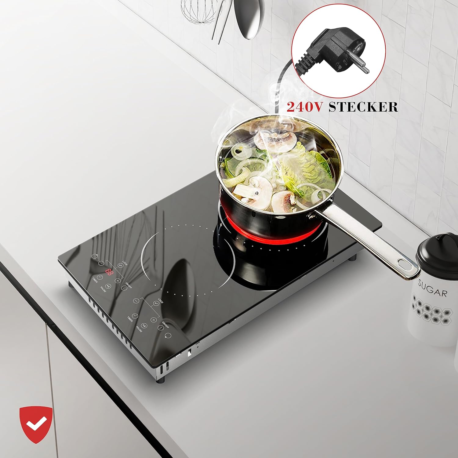 Glaskeramikkochfeld 4 Zonen Kochfelder Sensor-touch Control Kochfeld Autark 60cm, 6000W, 9 Leistungsstufe, verkabelt, kein Stecker