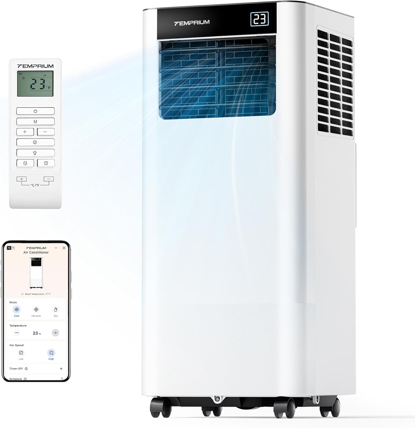 Mobile Klimaanlage 9000BTU 2,6Kw mit Abluftschlauch | 3-in-1 Mobiles Klimagerät | Fensterabdichtung | APP-Steuerung + Fernbedienung | Leiser Betrieb