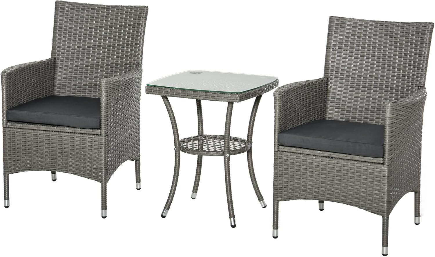 Outsunny Polyrattan Gartenmöbel Set, Outdoor Lounge Balkonmöbel für 2 Personen, 3-teilig Sitzgruppe, 2 Stühle, Tisch Sitzkissen, Gartenlounge für Garten, Terrasse, Balkon, Grau