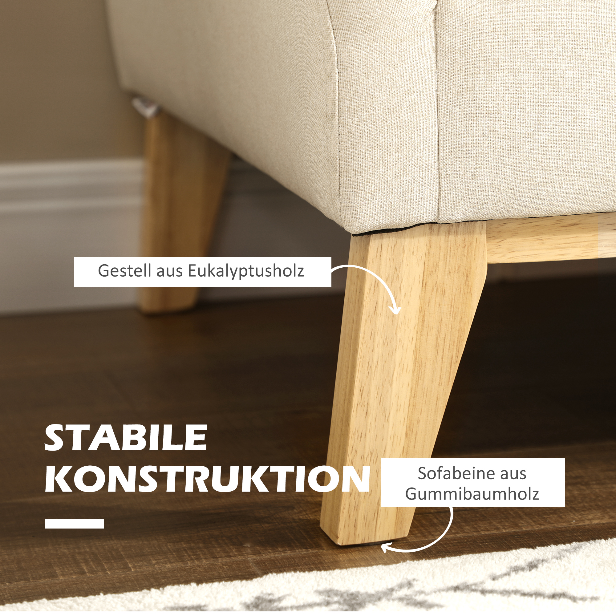 2-zitsbank, Scandinavisch design, 2 sierkussens, frame van natuurlijk hout, beige, 137 x 78 x 78 cm