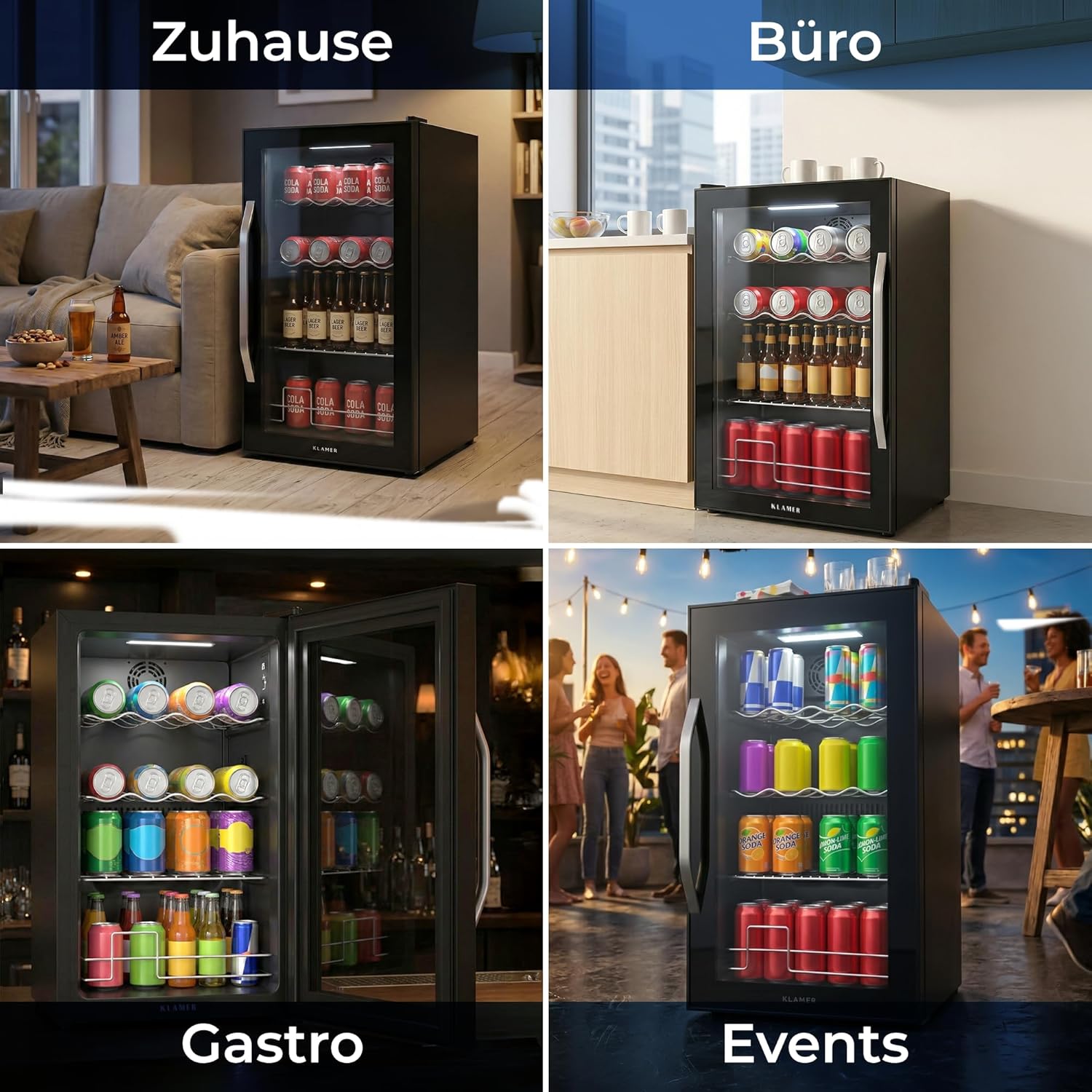 KLAMER Getränkekühlschrank 60 L, Mini Kühlschrank bis 60 Dosen, 0–20°C Touch Display, Glasfront, Automatische Abtaufunktion, Edelstahlgriff, Kühlschrank ohne Gefrierfach