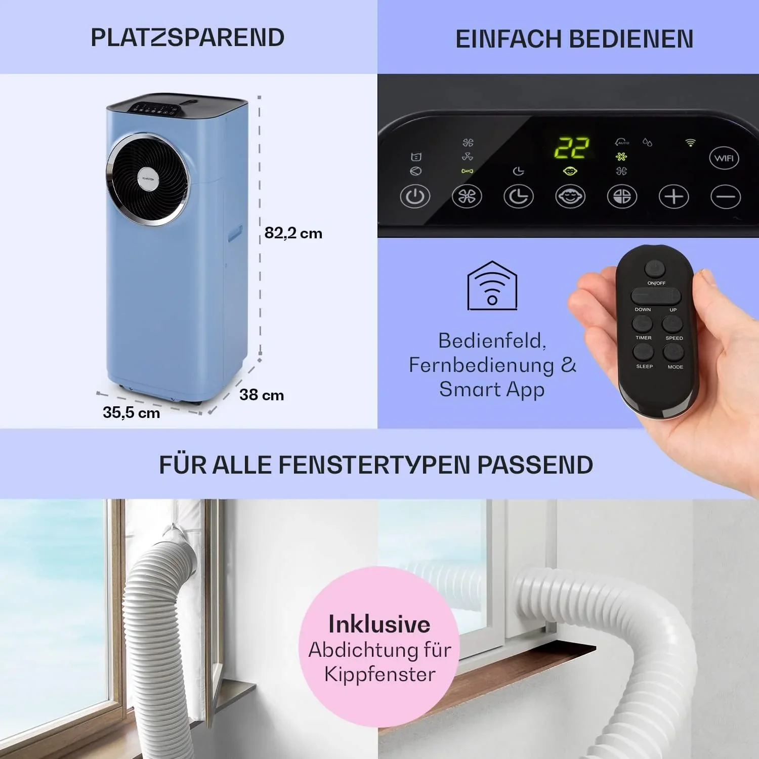 Klarstein Mobile Klimaanlage mit Abluftschlauch, 5-in-1 Klimager?t, Ventilator, Luftentfeuchter, Luftreiniger & Nachtmodus, App-Steuerung, Kleine & Portable, f��r Wohnung & B��ro, 12000 BTU