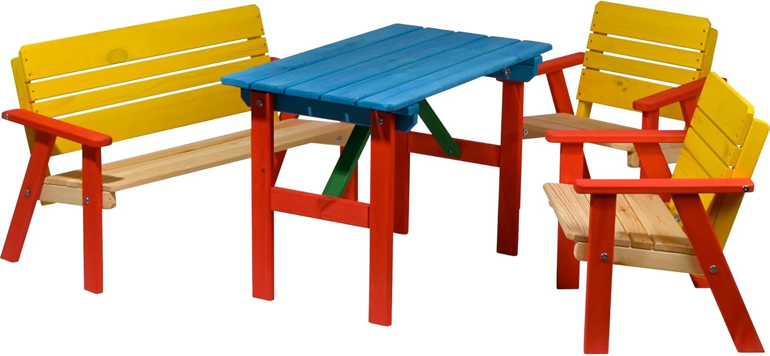 dobar® 94370FSC Kinder Outdoor Sitzgruppe 4 Plätze | 1 Bank, 2 Stühle, 1 Tisch | Picknickgarnitur für Kinder | Kindersitzgruppe Massivholz für Garten/Terrasse | Wetterfest Kindersitzgarnitur | Bunt, Mittel