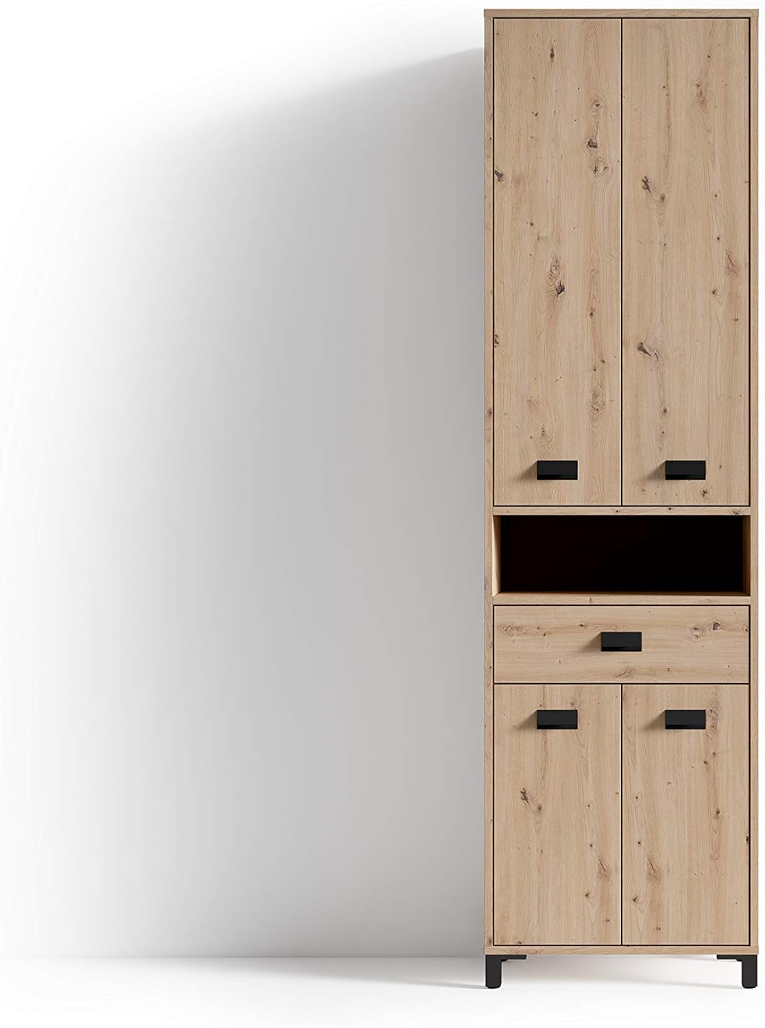 byLIVING Badezimmer-Hochschrank WELLNESS / Badschrank in Artisan Eiche Optik hell-braun / Griffe aus Metall in schwarz / Badezimmerschrank 4 Türen mit offenen Elementen / B 54, H 193, T 31 cm