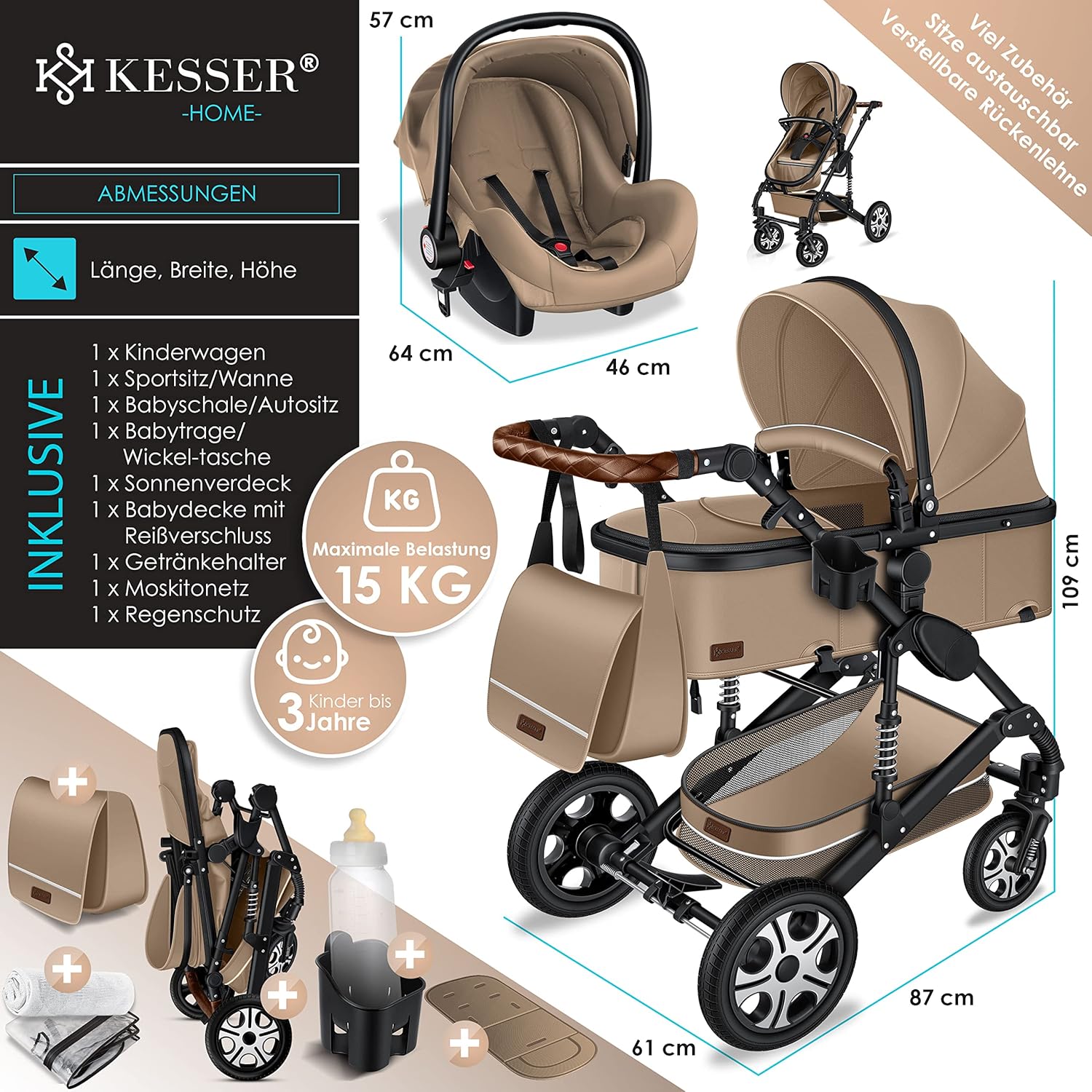 KESSER® Loops 3 in 1 Kinderwagen Kombikinderwagen Komplett-Set inkl. Babywanne & Buggy Sportsitz & Auto-Babyschale Voll-Gummireifen Wickeltasche Regenschutz Kindertisch ECE R129, Schwarz/Champagne