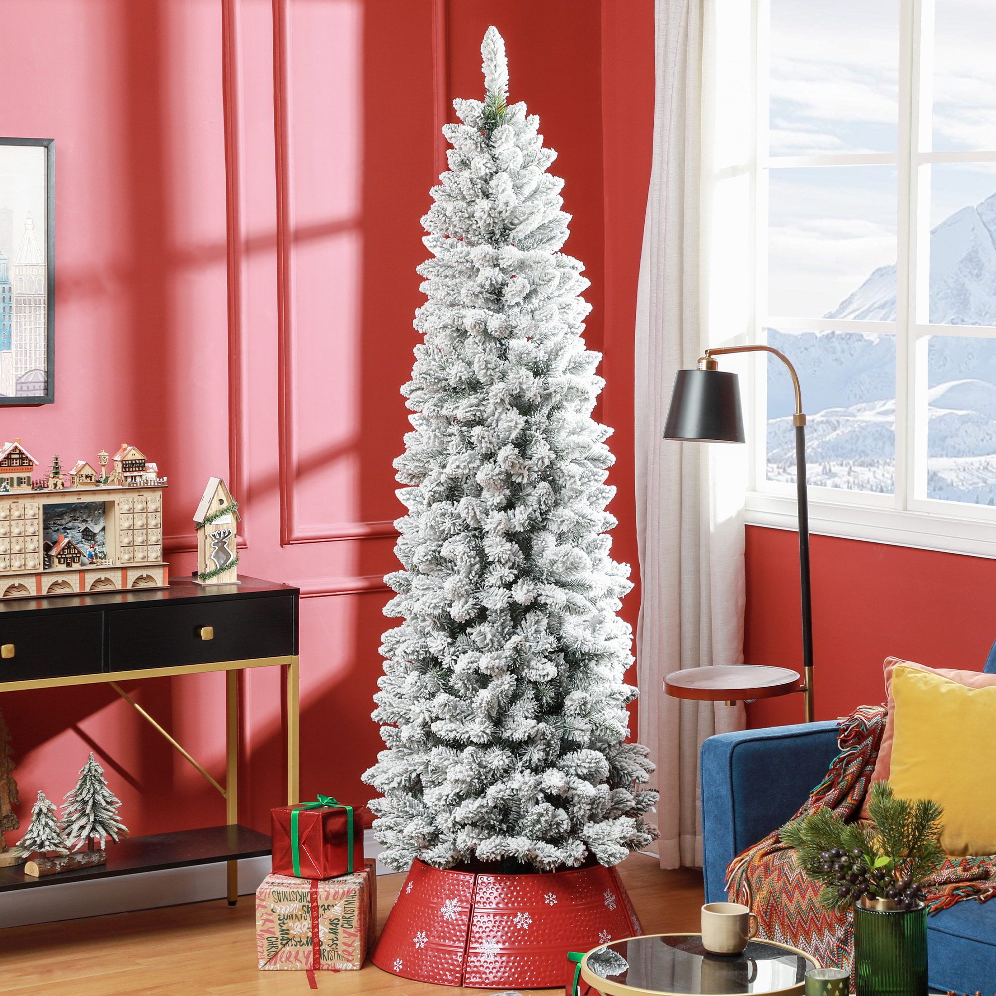 Kunstkerstboom, vlamvertragend, met kunstsneeuw, slank, stalen voet, 75 x 210 cm, Groen