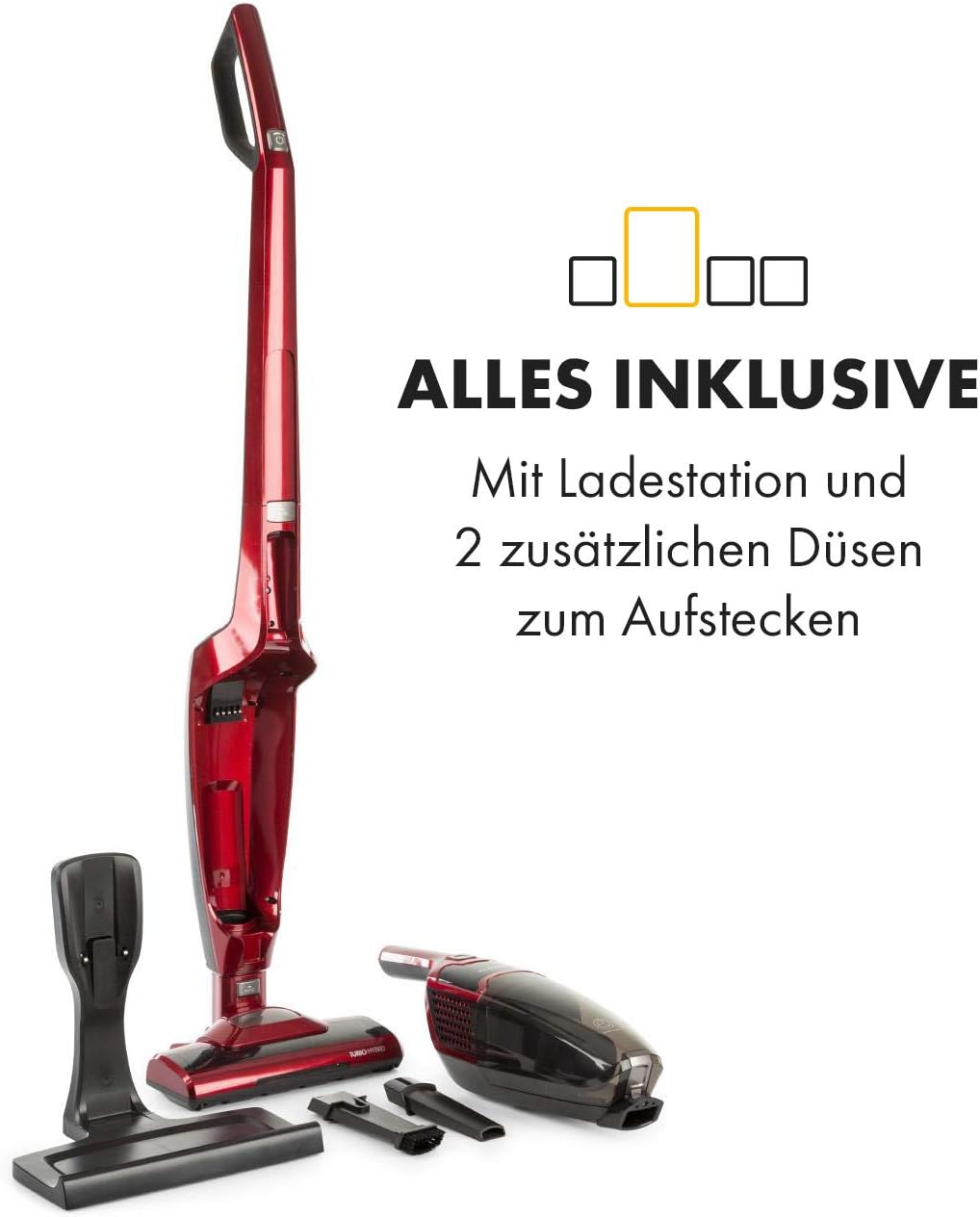 Klarstein TurboHybrid Zyklon Staubsauger, Akku Staubsauger, Staubsauger Kabellos für 50min Betriebsdauer (2 Saugstufen, Handstaubsauger, platzsparend, Li-Ion) metallic-rot