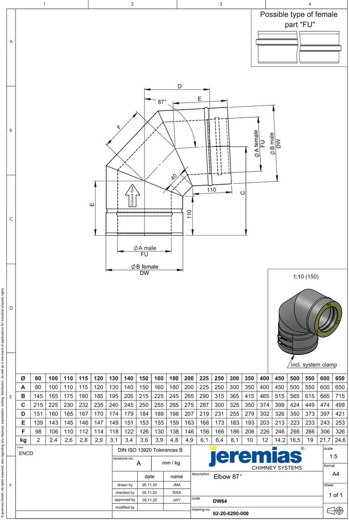 Jeremias DW-FU Doppelwand Edelstahl Abgassystem Winkel 87 Grad Innendurchmesser 250 mm CE zertifiziert für Öl Gas Festbrennstoffe