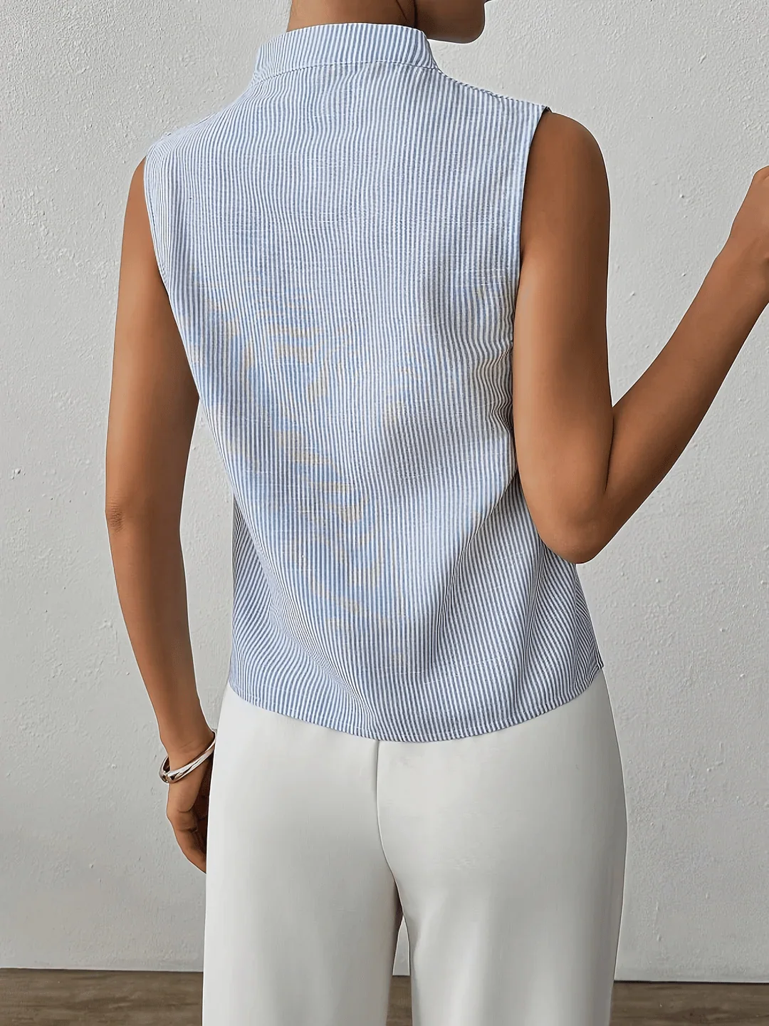 ?rmellose Bluse f��r Damen mit Streifenmuster | Elegantes Business Top mit Stehkragen und V-Ausschnitt f��r das B��ro