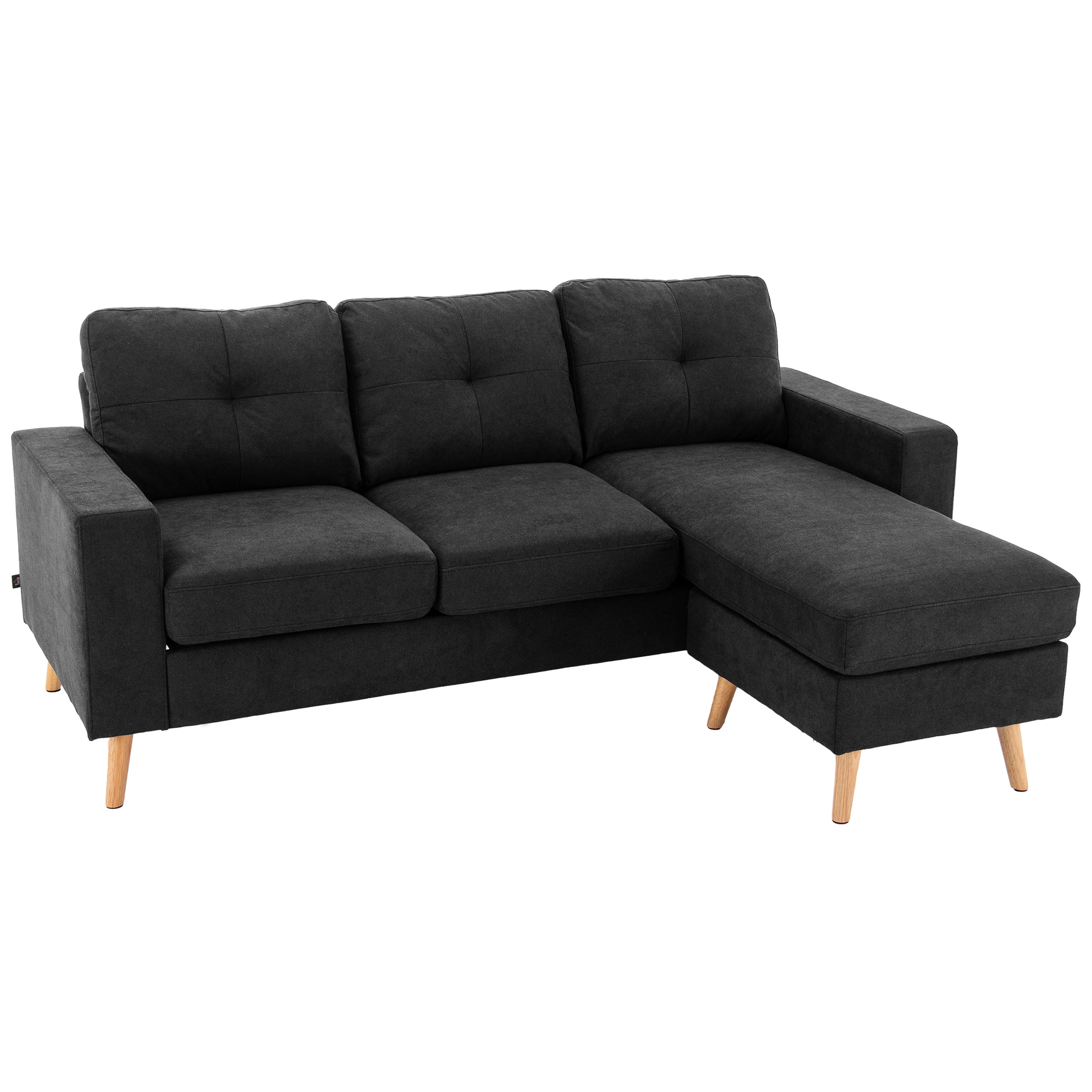 3-zits hoekbank, linnenlook, omkeerbare chaise longue, 193x136x85 cm, zwart