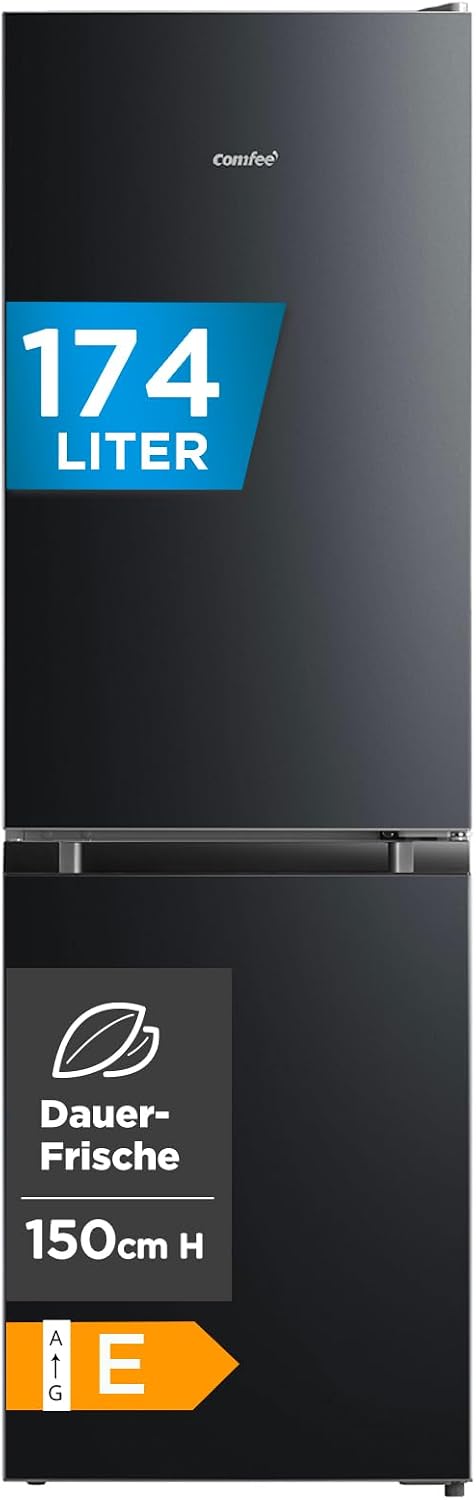 Comfee‘ Kühlschrank mit Gefrierfach RCB169DK2(E) | 174L Kühl-Gefrierkombination (115L Kühlteil + 59L Gefrierteil), 150 cm Höhe | 195 kWh/Jahr, Low Frost, Leise 39 dB | LED-Licht | Freistehend, Schwarz