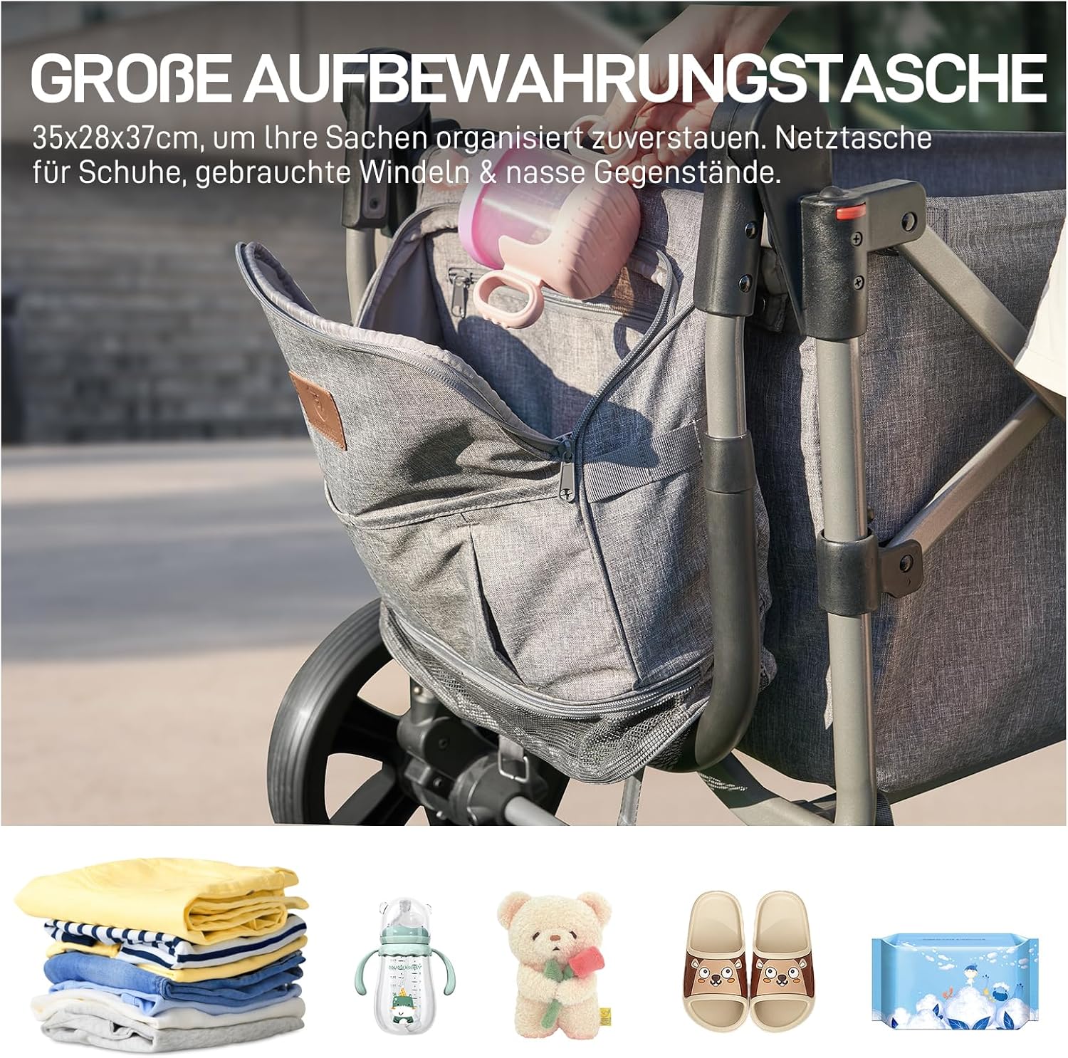 EVER ADVANCED Bolderkar voor 2 kinderen Opvouwbaar met dak, kinderwagen 2x5-punts veiligheidsgordel met luiertas, bolderkar met zitje, handwagen transportwagen, trekken & duwen, voetrem
