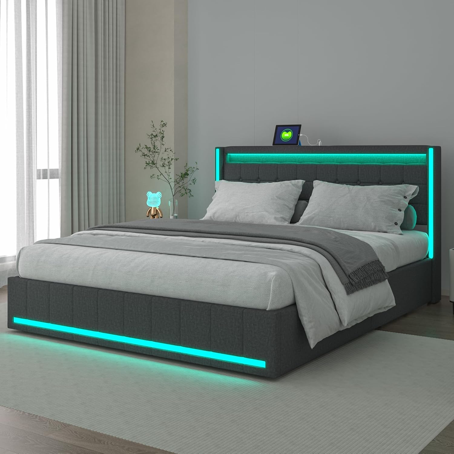 Polsterbett 180x200 mit Stauraum, Doppelbett mit LED und USB, Jugendbett mit 4 Schubladen, Bettgestell mit Kopfteil und Lattenrost, Leinen (Grau, 180 x 200 cm)