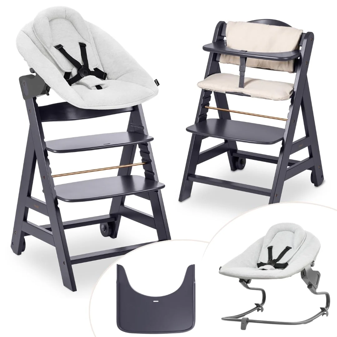 hauck kinderstoel Beta+ Newborn Set Premium Dark Grey - Kinderstoel set vanaf de geboorte met New Born opzetstuk Bouncer, zitkussen en eetblad - Dark Grey