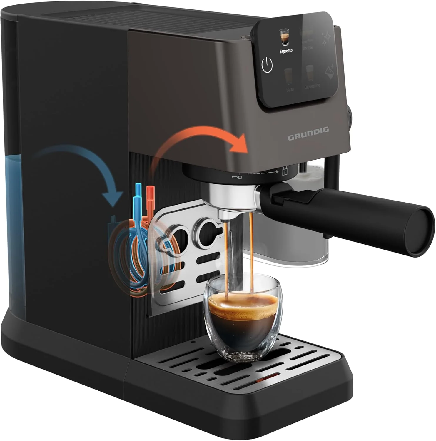 GRUNDIG KSM 5330 Espressomachine met ge?ntegreerd melkreservoir, 1628 W vermogen, 15 bar pompdruk, dubbele tuit, kleuren-touchscreen, BrewSense, CreamyPro, donker inox/zwart