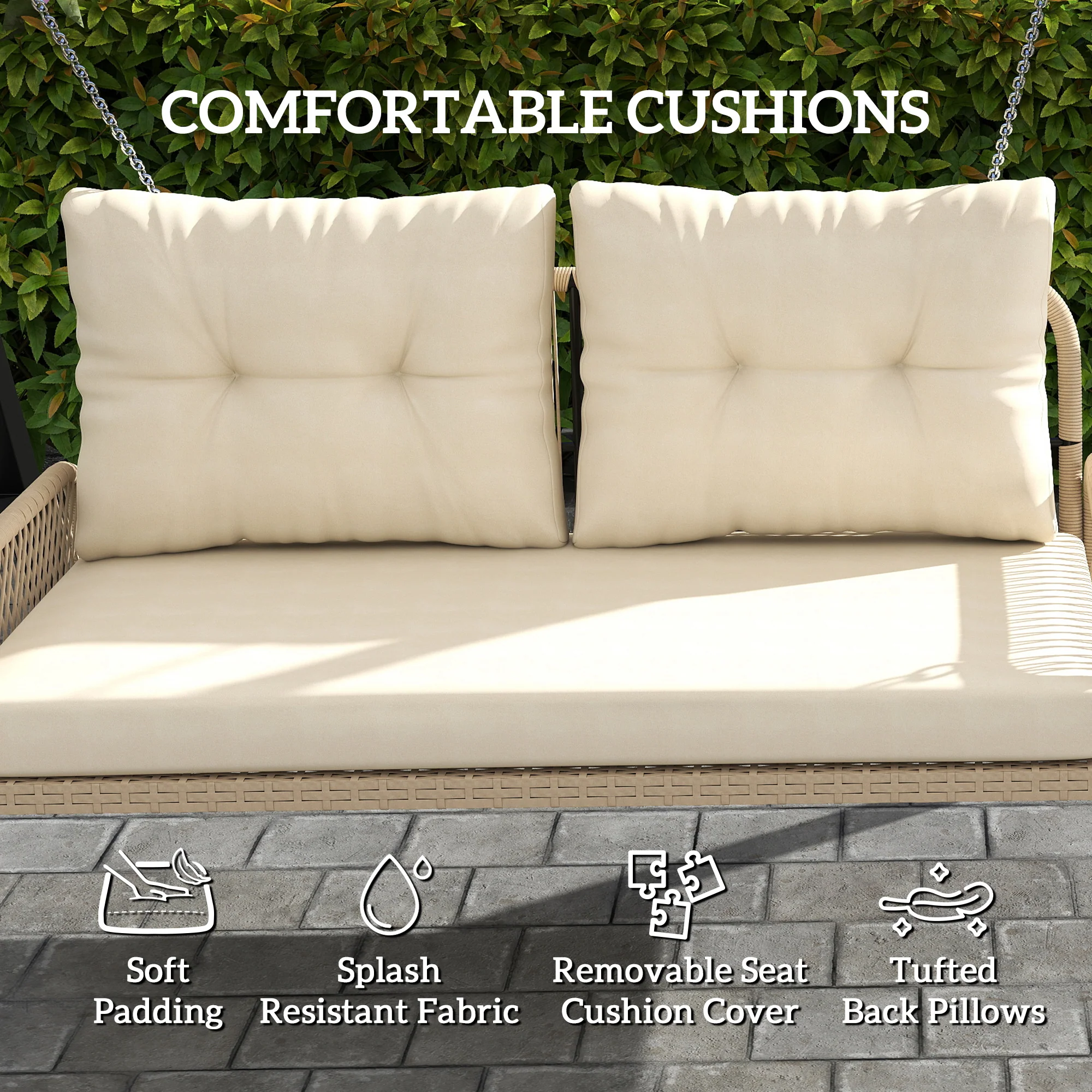 Outsunny Hollywoodschommel 2-Zits Rattan Tuinschommel met Kussens Ketens Tot 240 kg 115 x 66 x 44 cm Beige