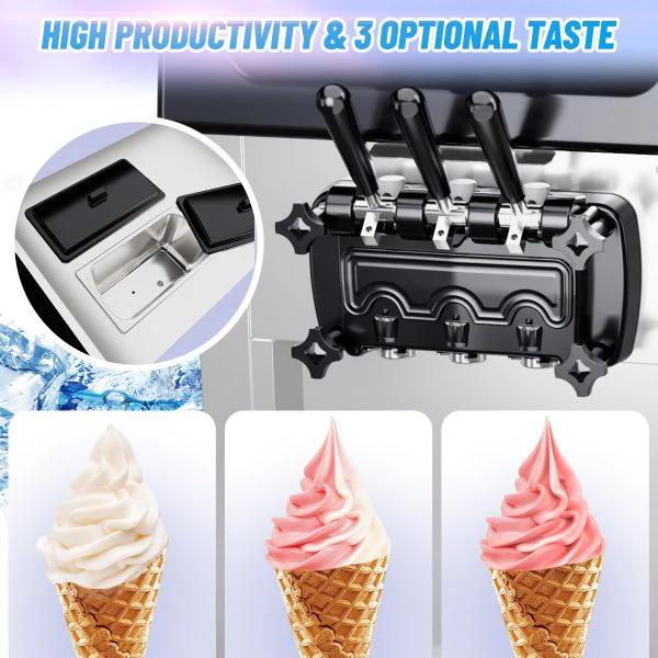 2200W Commercial Ice Cream Machine, 3 Flavor Soft Serve Ice Cream Machine, 5.3-7.4 Gal/Hr, with LCD Touch Screen, Automatic Cleaning, High Productivity for Home Snack Bar & Restaurants