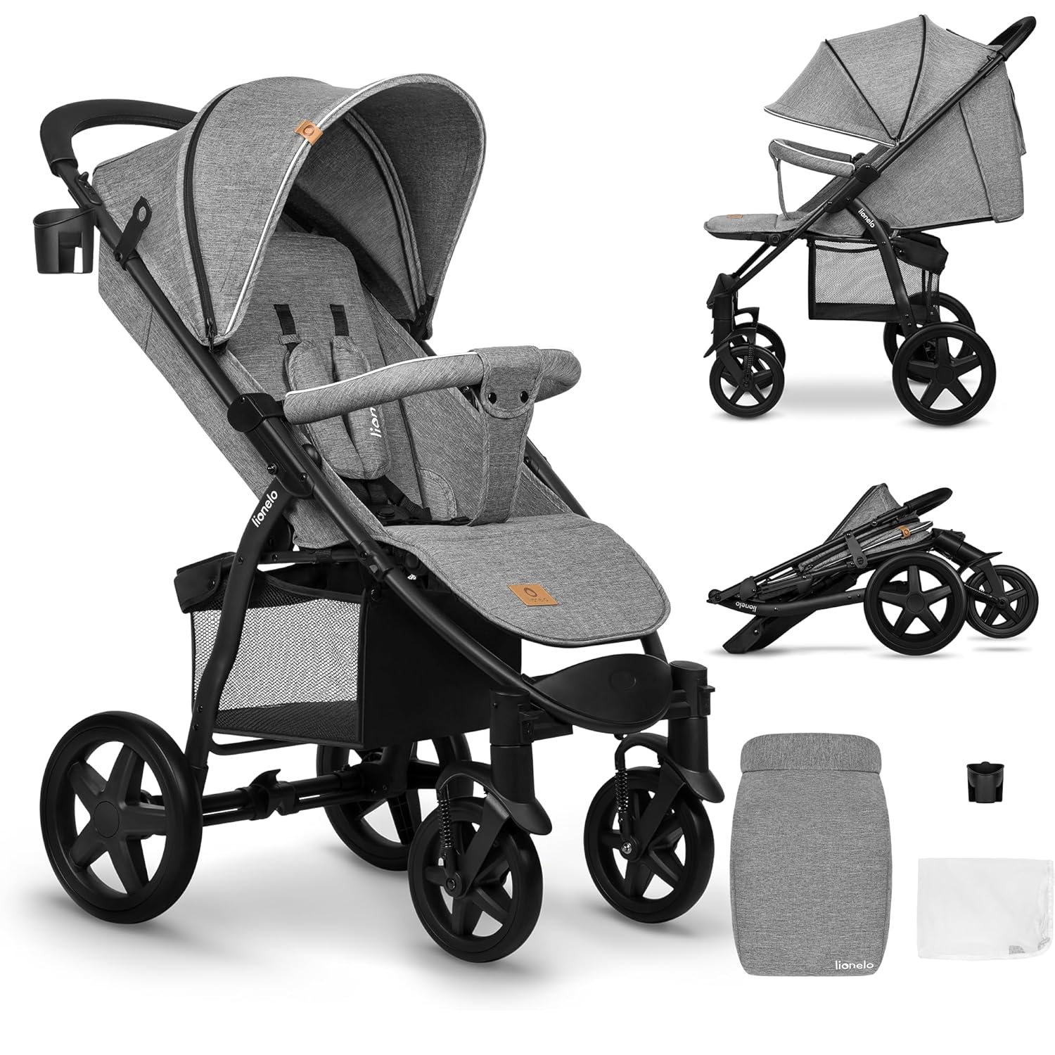 LIONELO Annet Plus Buggy bis 22 kg mit Liegefunktion, Kinderwagen klein zusammenklappbar mit Zubehör, Eva-Schaum-Räder, Moskitonetz, Fußdecke Getränkehalter, Korb
