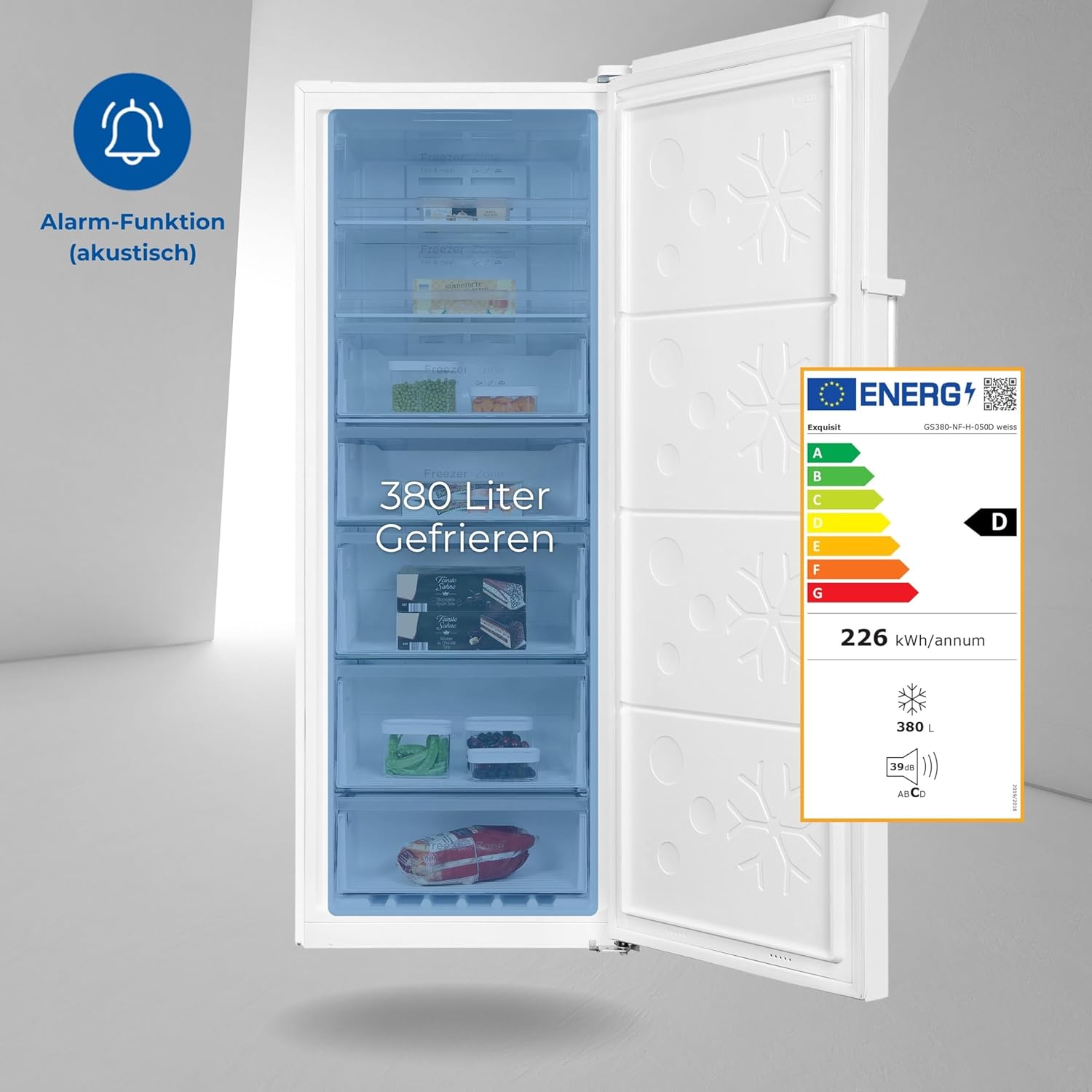 Exquisit Gefrierschrank GS380-NF-H-050D weiss | No Frost | Nutzinhalt: 380 L | Temperaturregelung | Alarm
