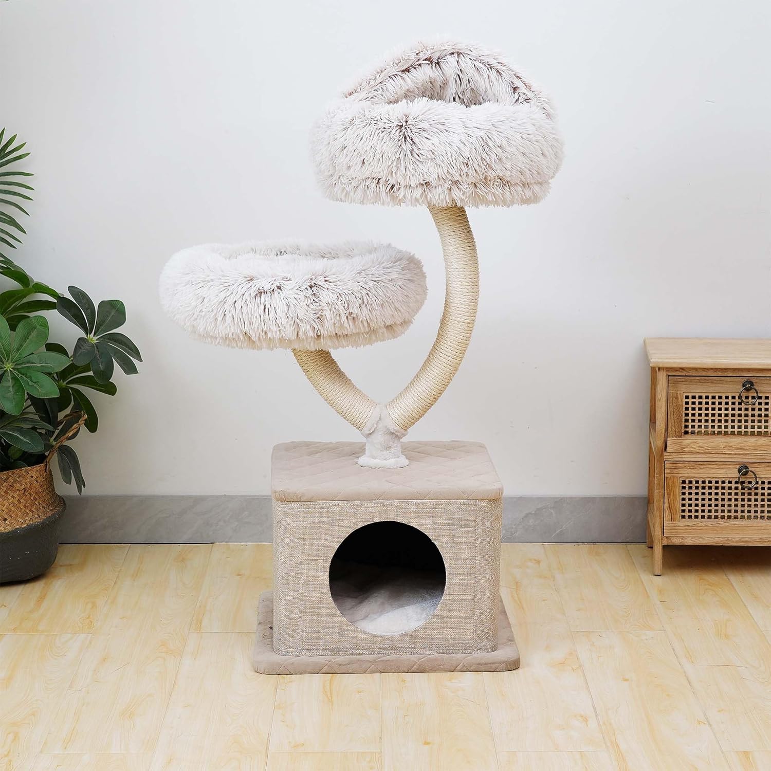 Fudajo Designer Krabpaal in Takontwerp 130 cm hoog, Kattenkrabpaal met Pluche en Sisal, Klimboom voor Katten, Kattenboom met Hanggemat