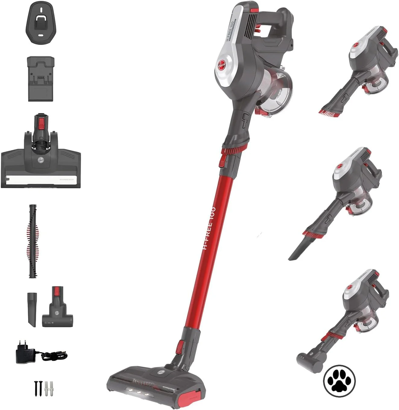 Hoover Accustofzuiger Dierenharen H-FREE 100 PETS zonder zak + dierenmondstuk I tot 40 min. gebruiksduur I snoerloze stofzuiger met LED, XL stofreservoir & parkeerstand I accustofzuiger met kierenzuiger & stofborstel