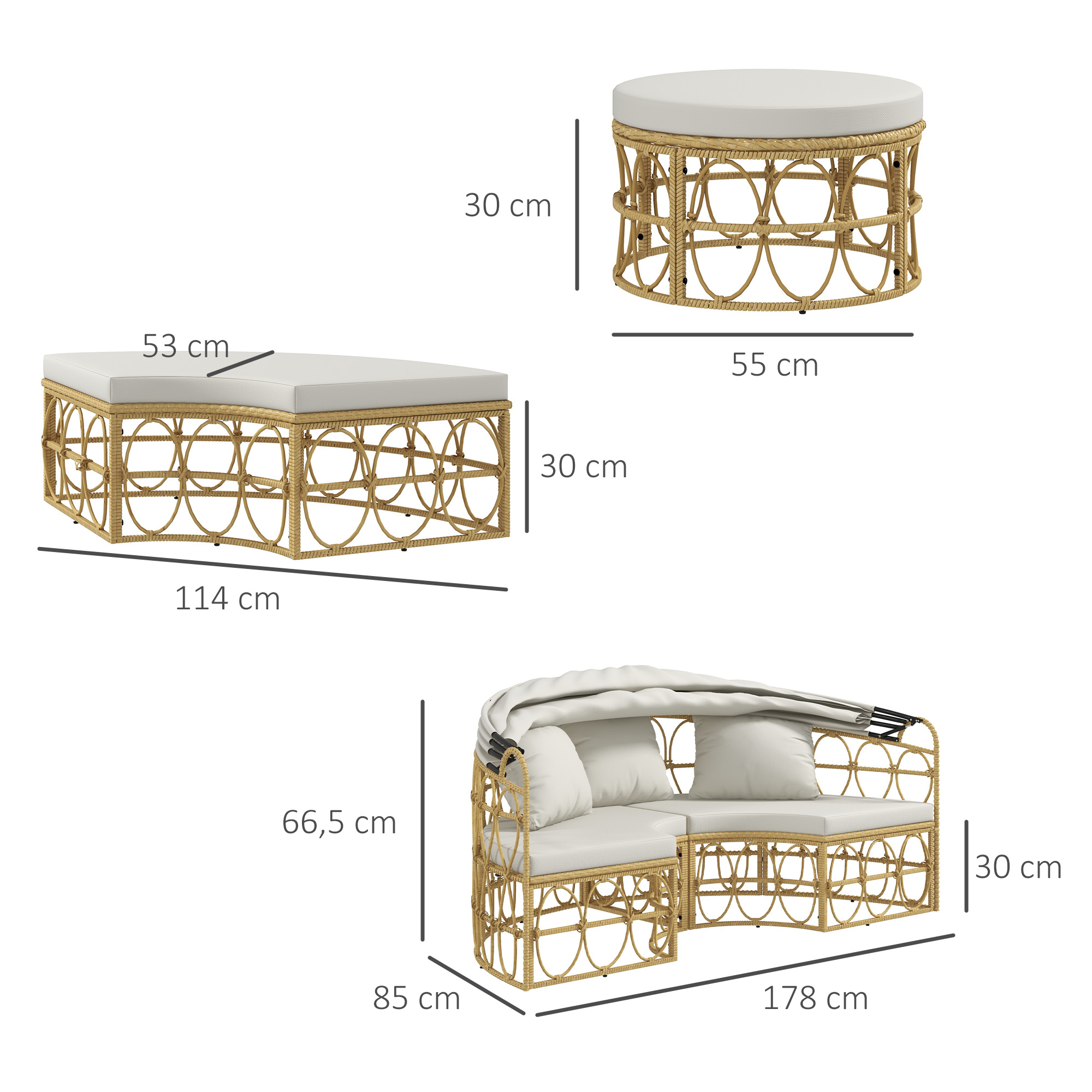 Outsunny Loungeset met uitschuifbaar dak, 4-delig, inclusief 5 kussens, rattanlook, 178B x 85T x 66,5H cm, beige