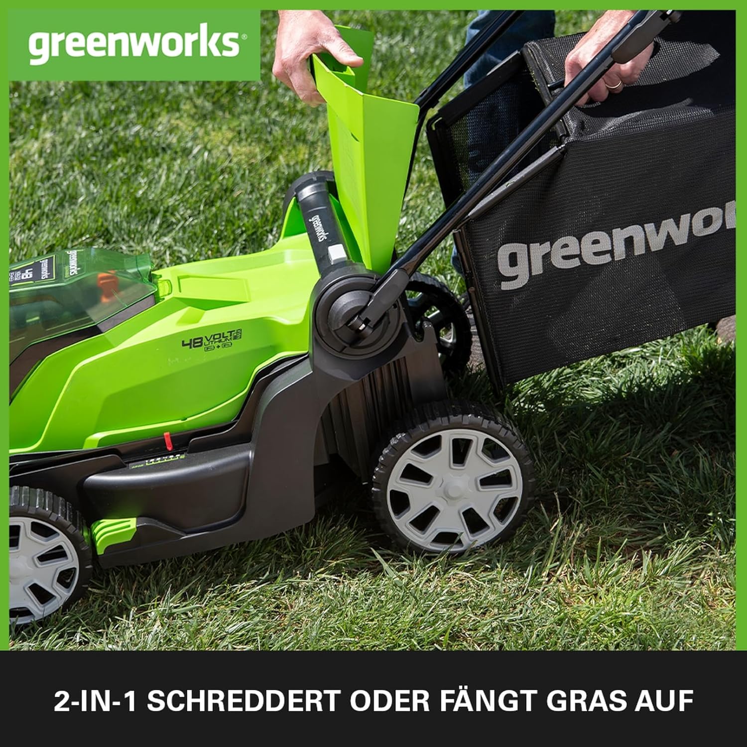 Greenworks 48V (2x24V) Selbstfahrender Akku Rasenmher f��r groe Flchen bis zu 480m, 46cm Schnittbreite, 55L Sack PLUS zwei 4Ah-Akkus und Doppelladegert GD24X2LM46SPK4X