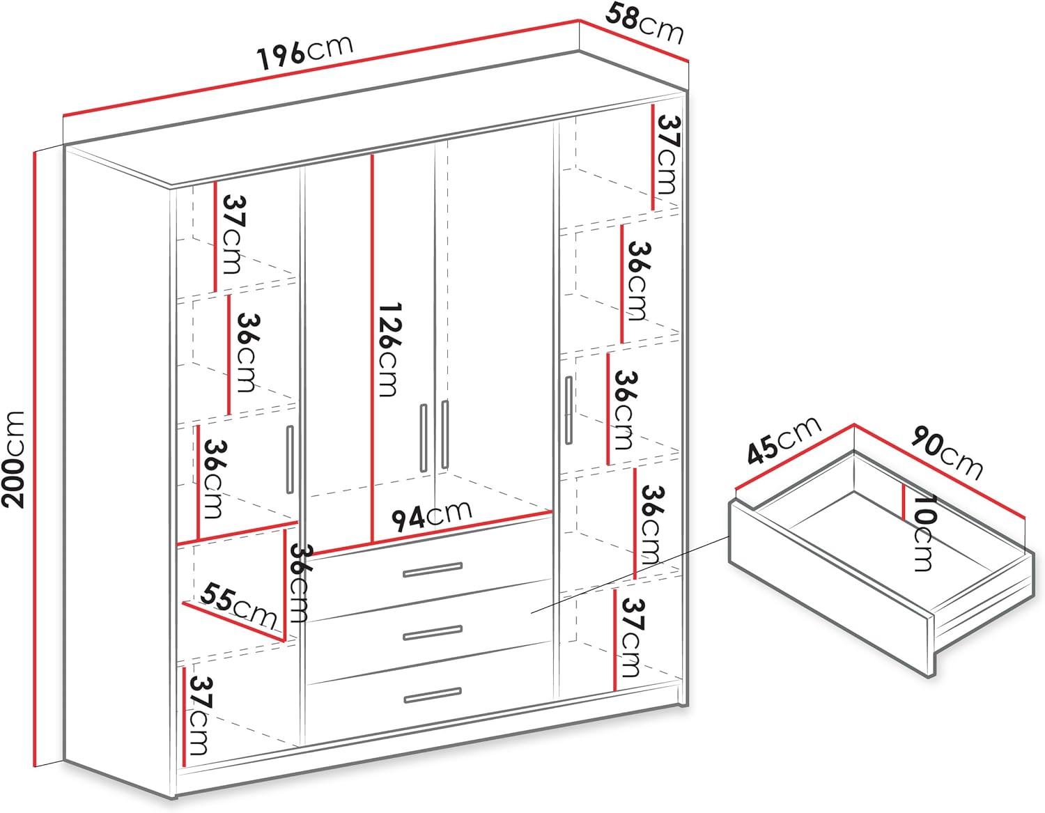 Drehtürenschrank Bado 4D, Kleiderschrank mit Spiegel, Schubladen und Spiegeltüren, Elegantes Schlafzimmer Schrank, Jugendzimmer (Weiß)