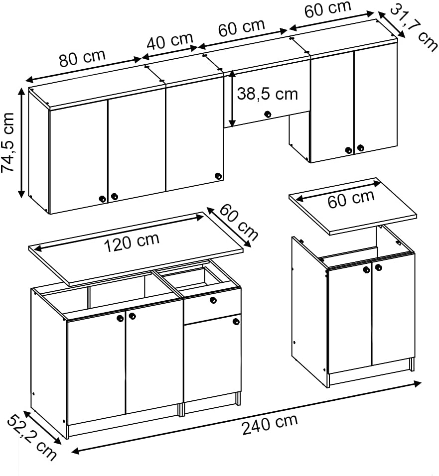 Vicco Küchenzeile Bergamo, Weiß, 240 cm, AP Goldkraft, mit variabel positionierbaren Modulen zur individuellen Anpassung