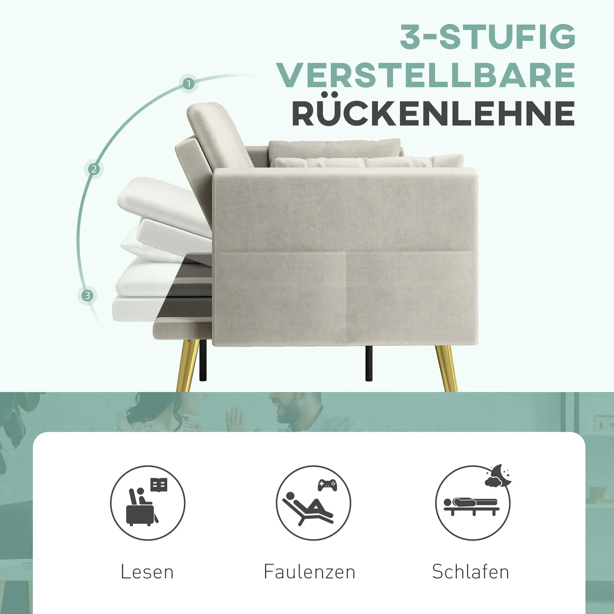 HOMCOM Schlafsofa 2-Sitzer mit 3-fach verstellbarer Rückenlehne, Seitentasche